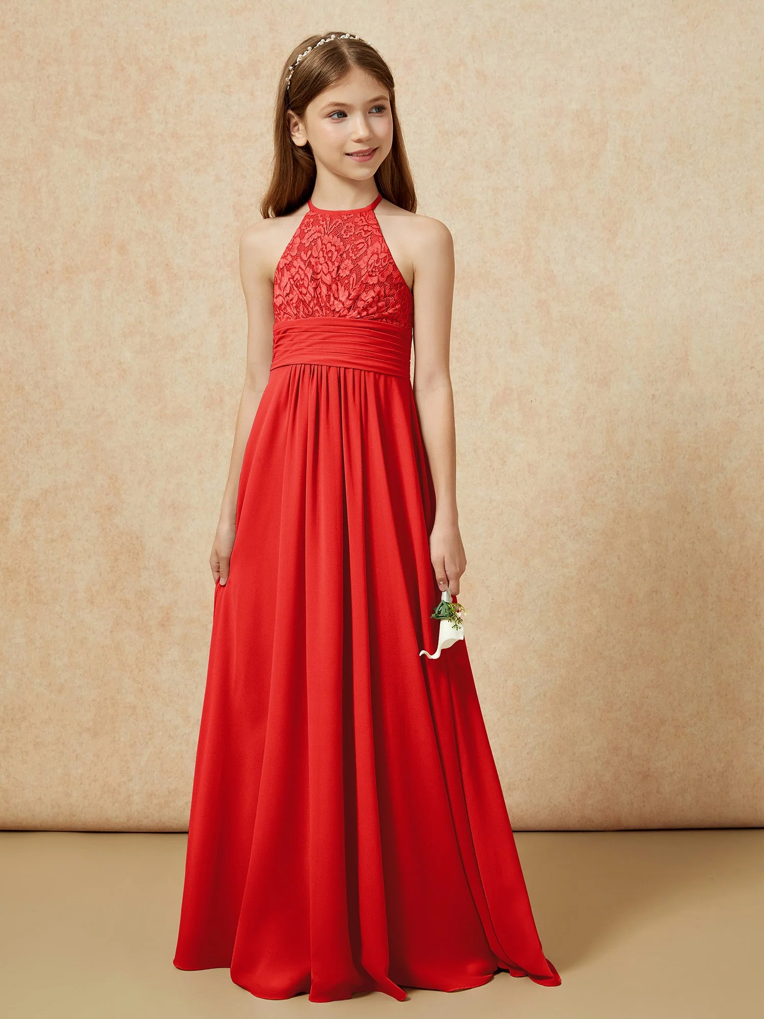 Halshalter Spitzen Oberteil Chiffon Junge Brautjungfernkleider Rot - Image 5
