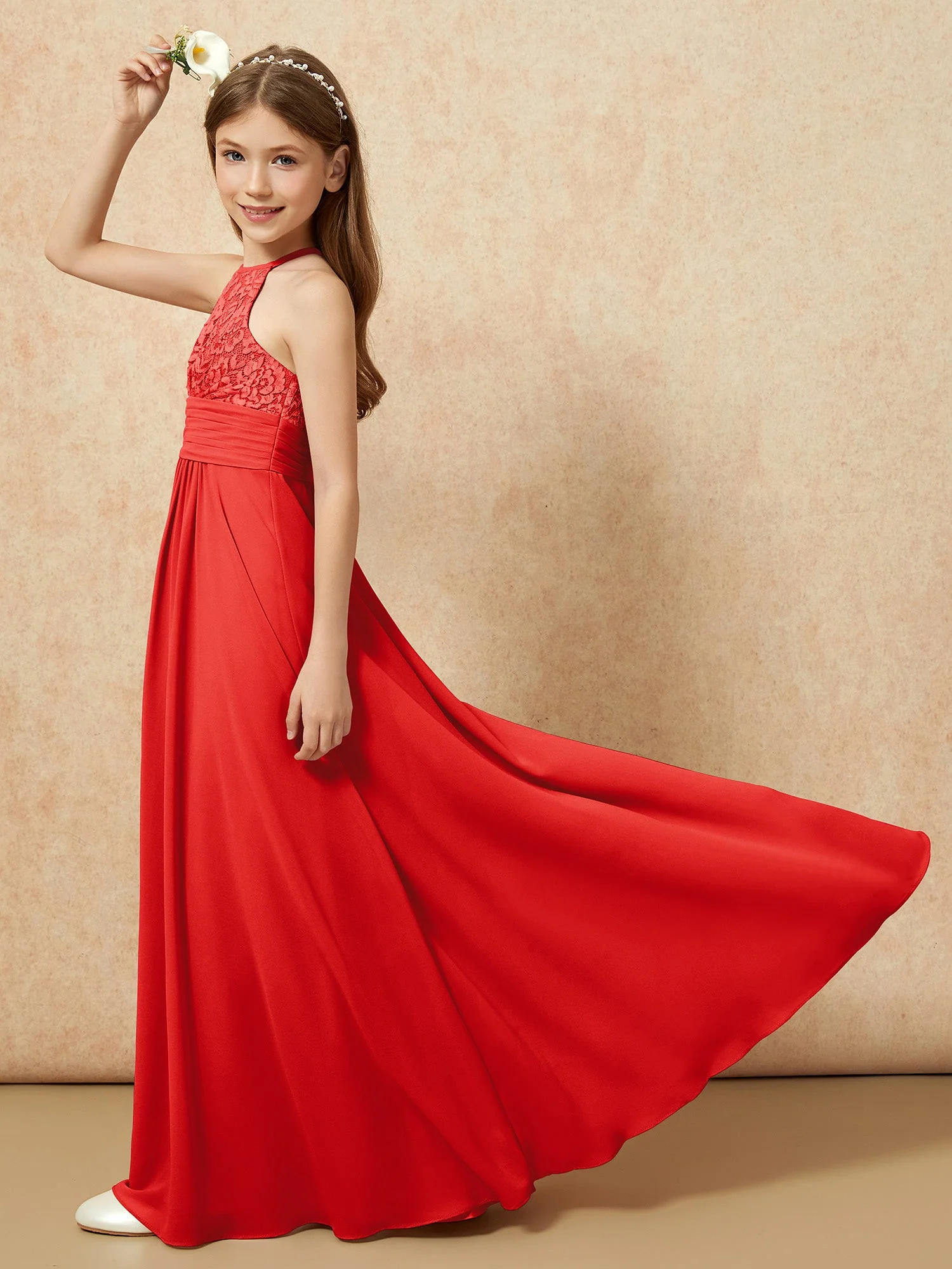 Halshalter Spitzen Oberteil Chiffon Junge Brautjungfernkleider Rot - Image 6