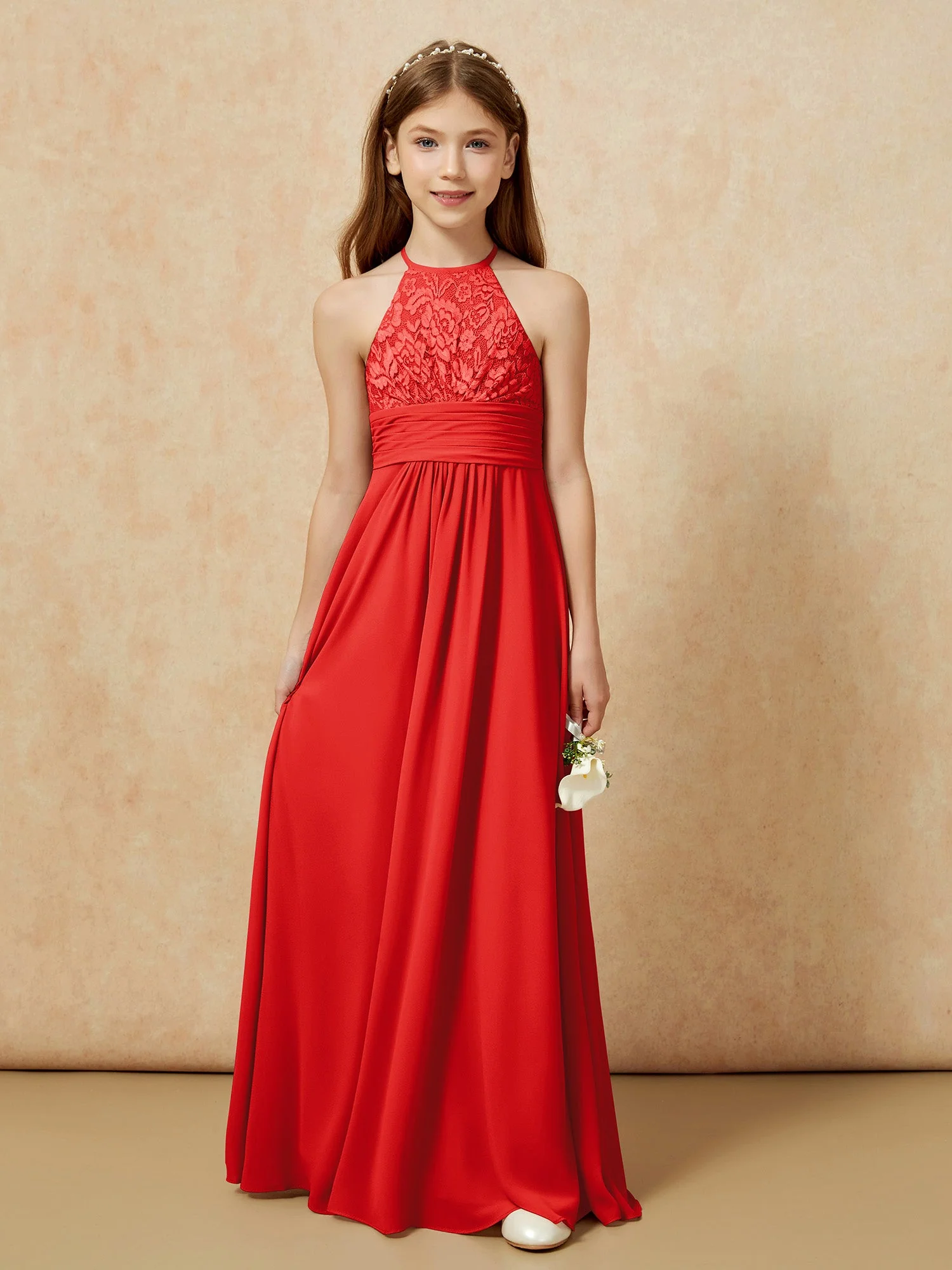 Halshalter Spitzen Oberteil Chiffon Junge Brautjungfernkleider Rot - Image 7