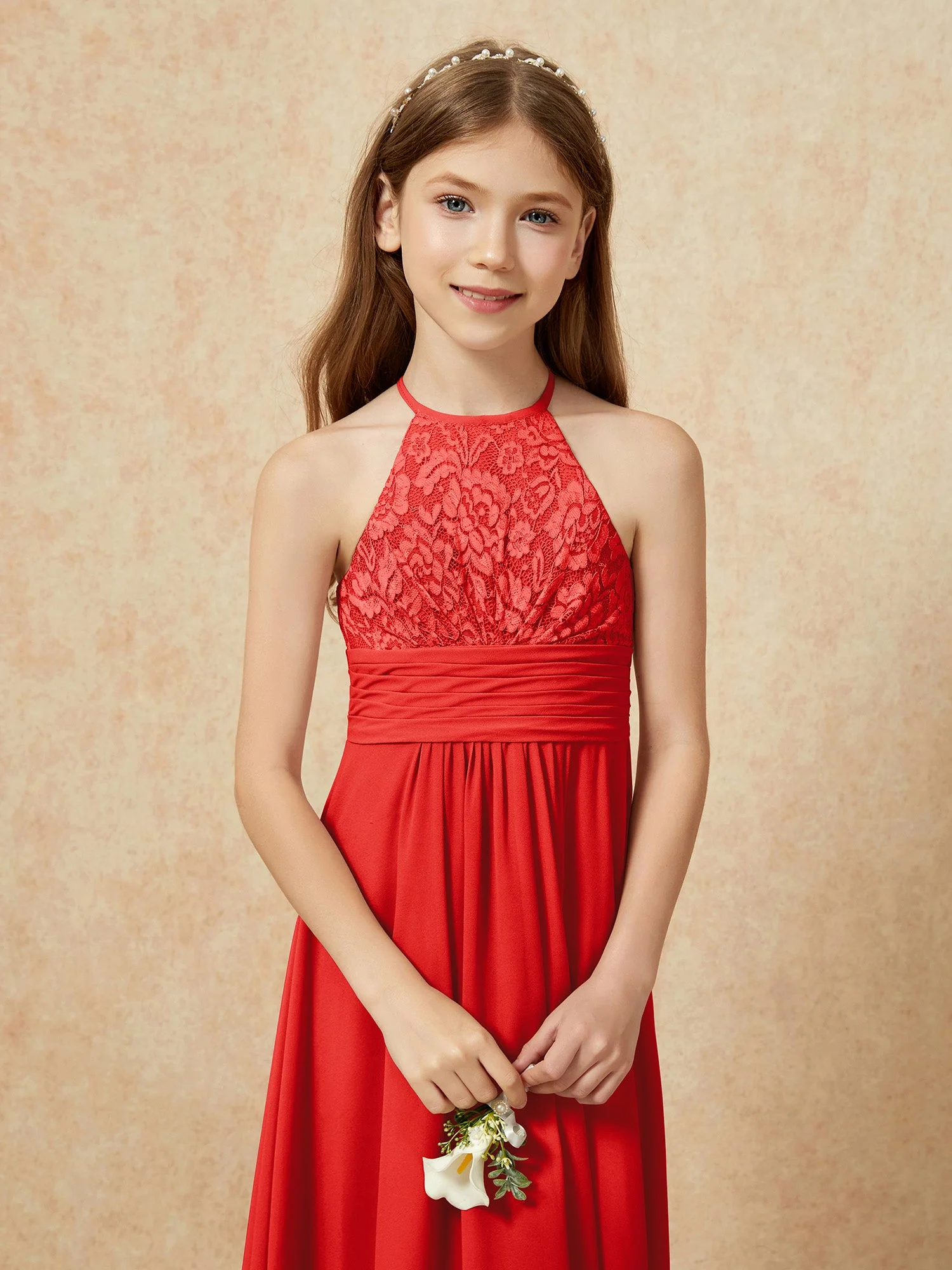 Halshalter Spitzen Oberteil Chiffon Junge Brautjungfernkleider Rot - Image 8
