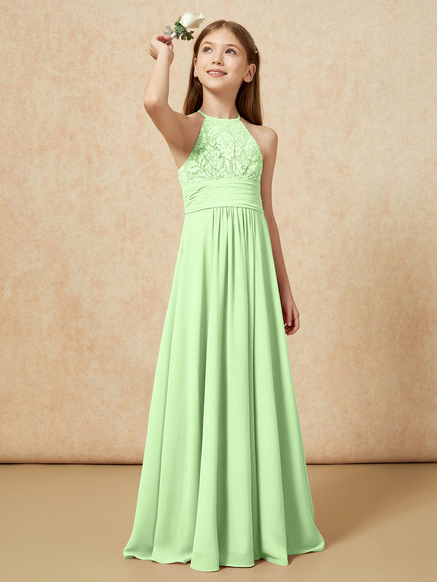 Halshalter Spitzen Oberteil Chiffon Junge Brautjungfernkleider Salbei