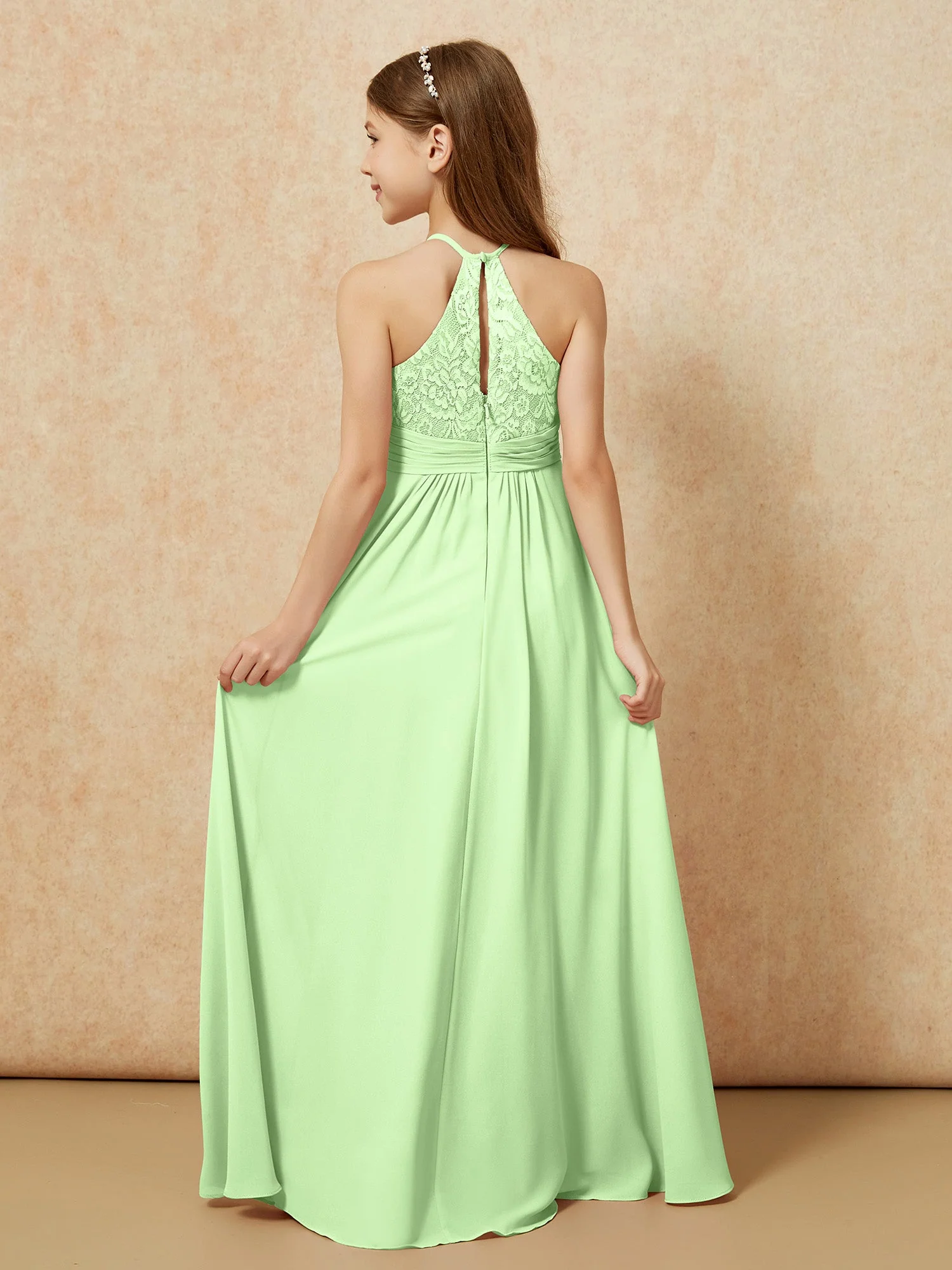 Halshalter Spitzen Oberteil Chiffon Junge Brautjungfernkleider Salbei - Image 2