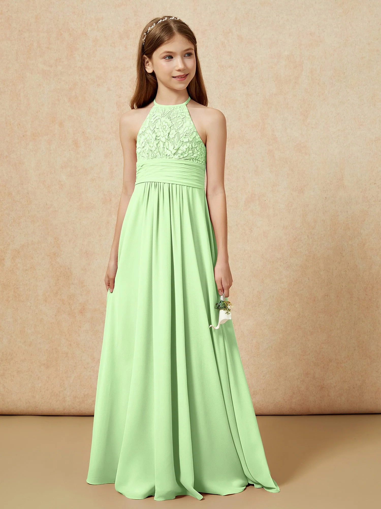 Halshalter Spitzen Oberteil Chiffon Junge Brautjungfernkleider Salbei - Image 5