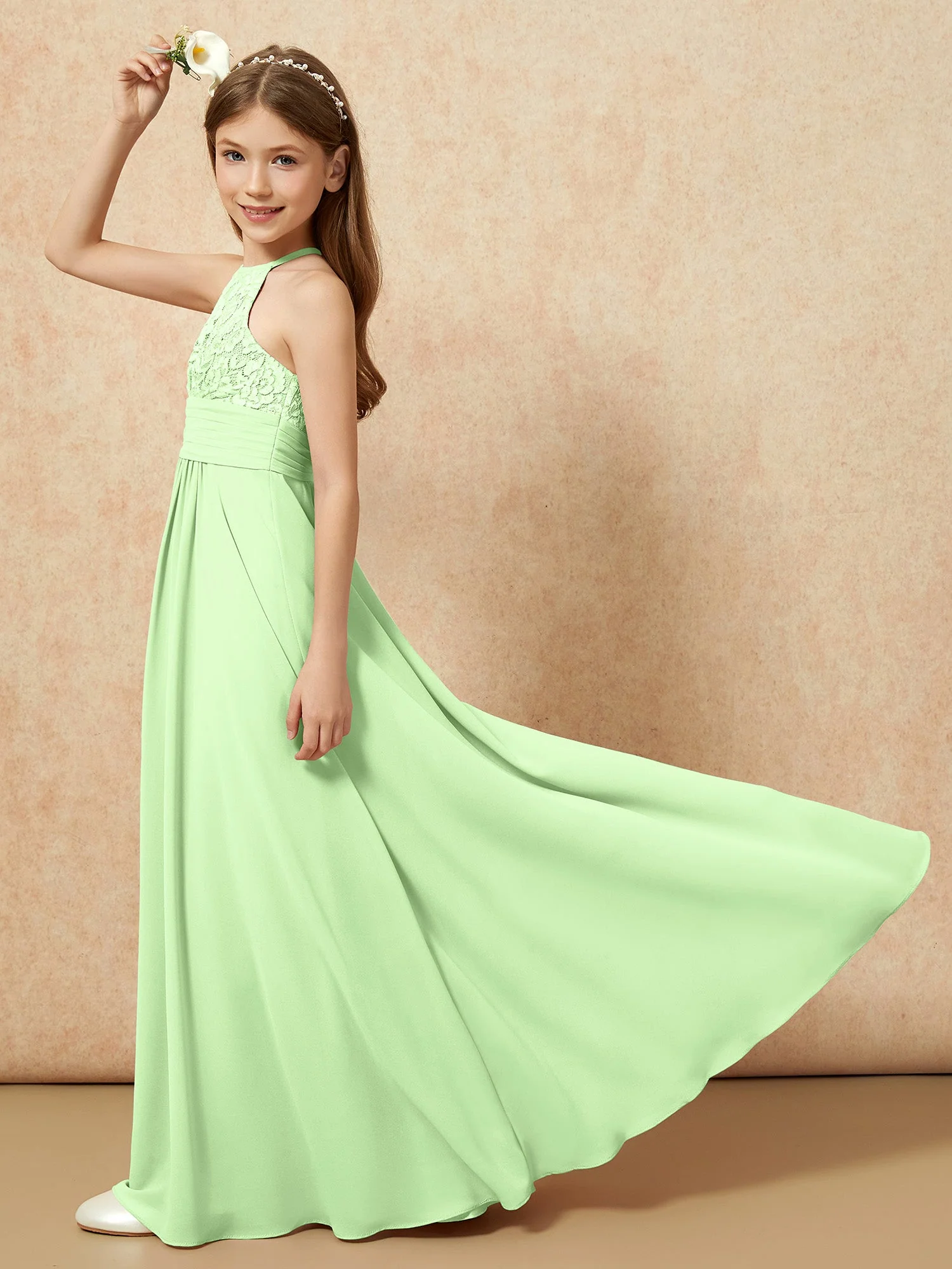 Halshalter Spitzen Oberteil Chiffon Junge Brautjungfernkleider Salbei - Image 6