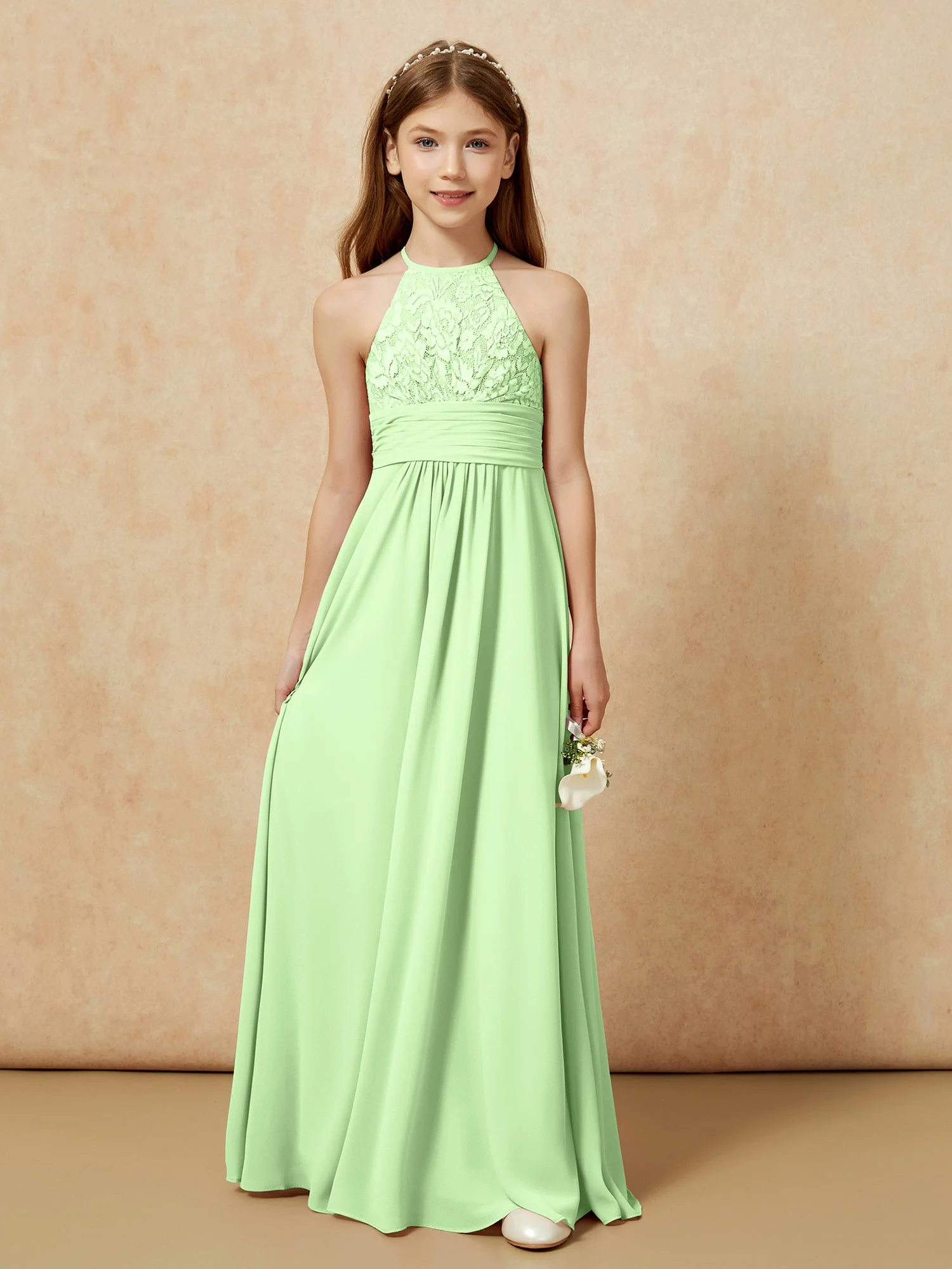 Halshalter Spitzen Oberteil Chiffon Junge Brautjungfernkleider Salbei - Image 7