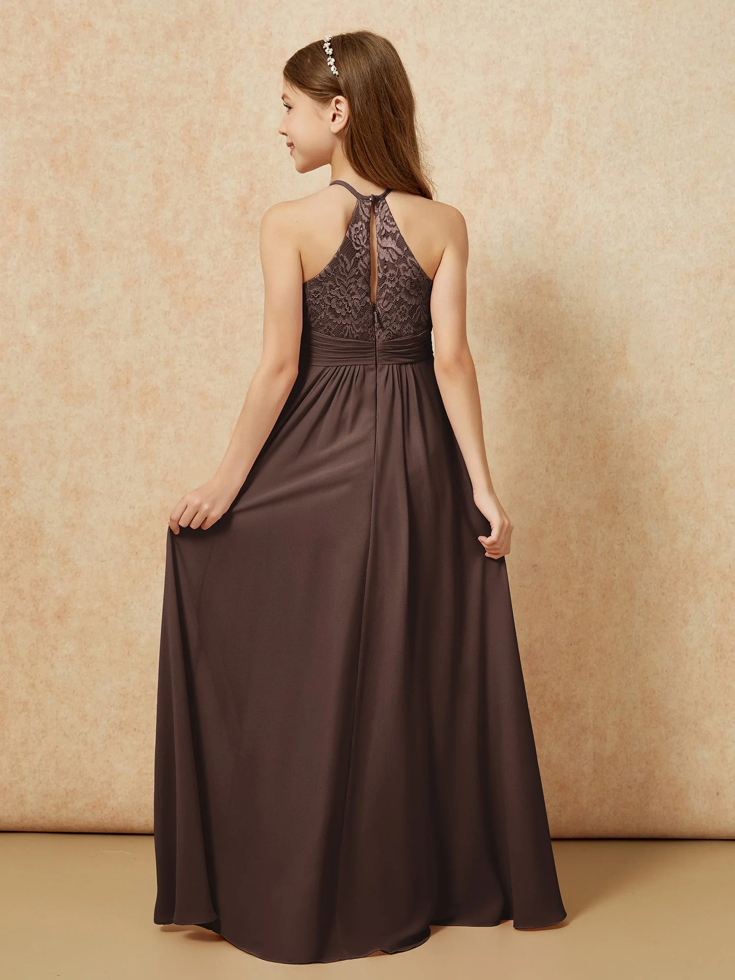 Halshalter Spitzen Oberteil Chiffon Junge Brautjungfernkleider Schokolade - Image 2