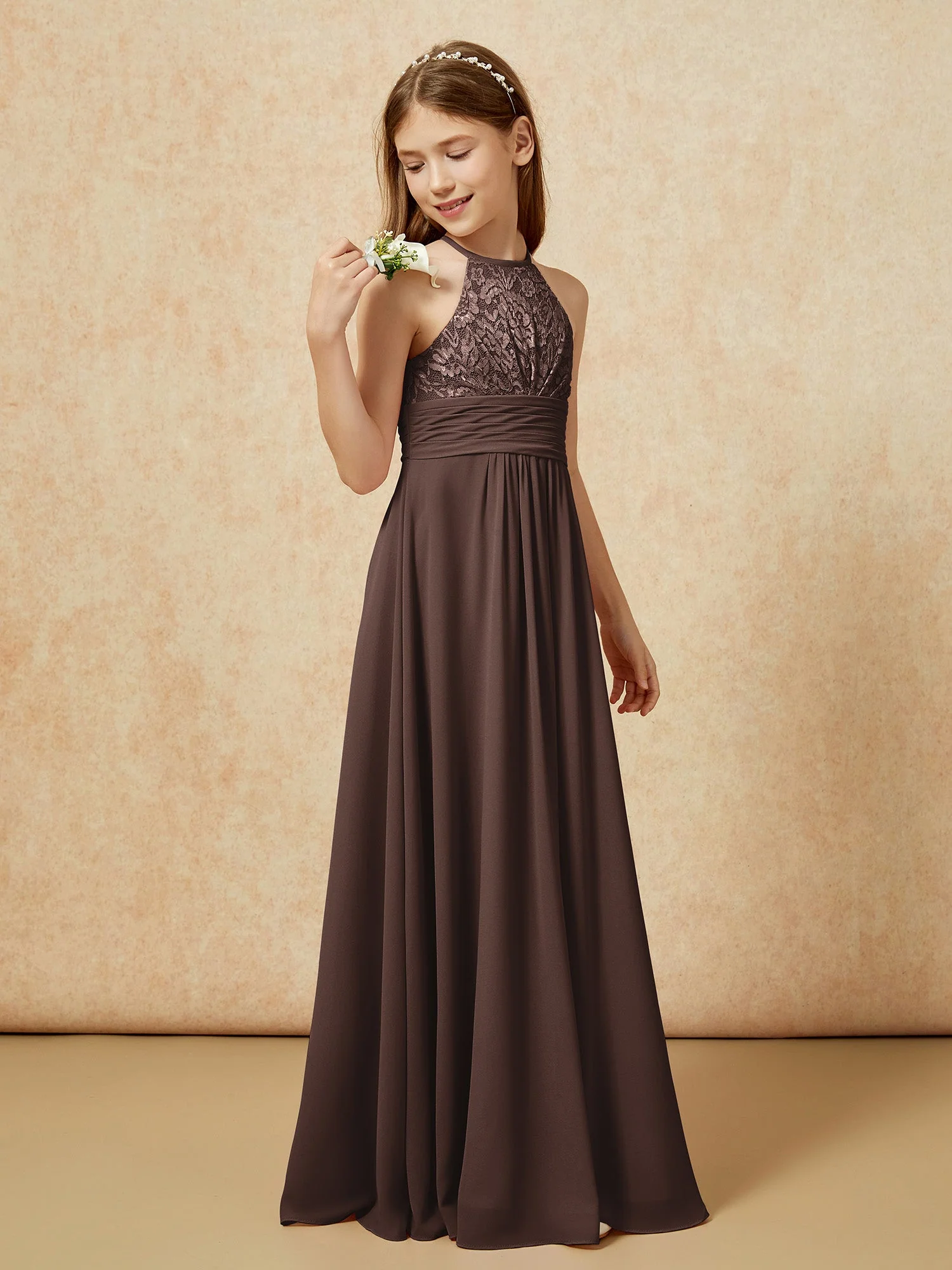 Halshalter Spitzen Oberteil Chiffon Junge Brautjungfernkleider Schokolade - Image 3