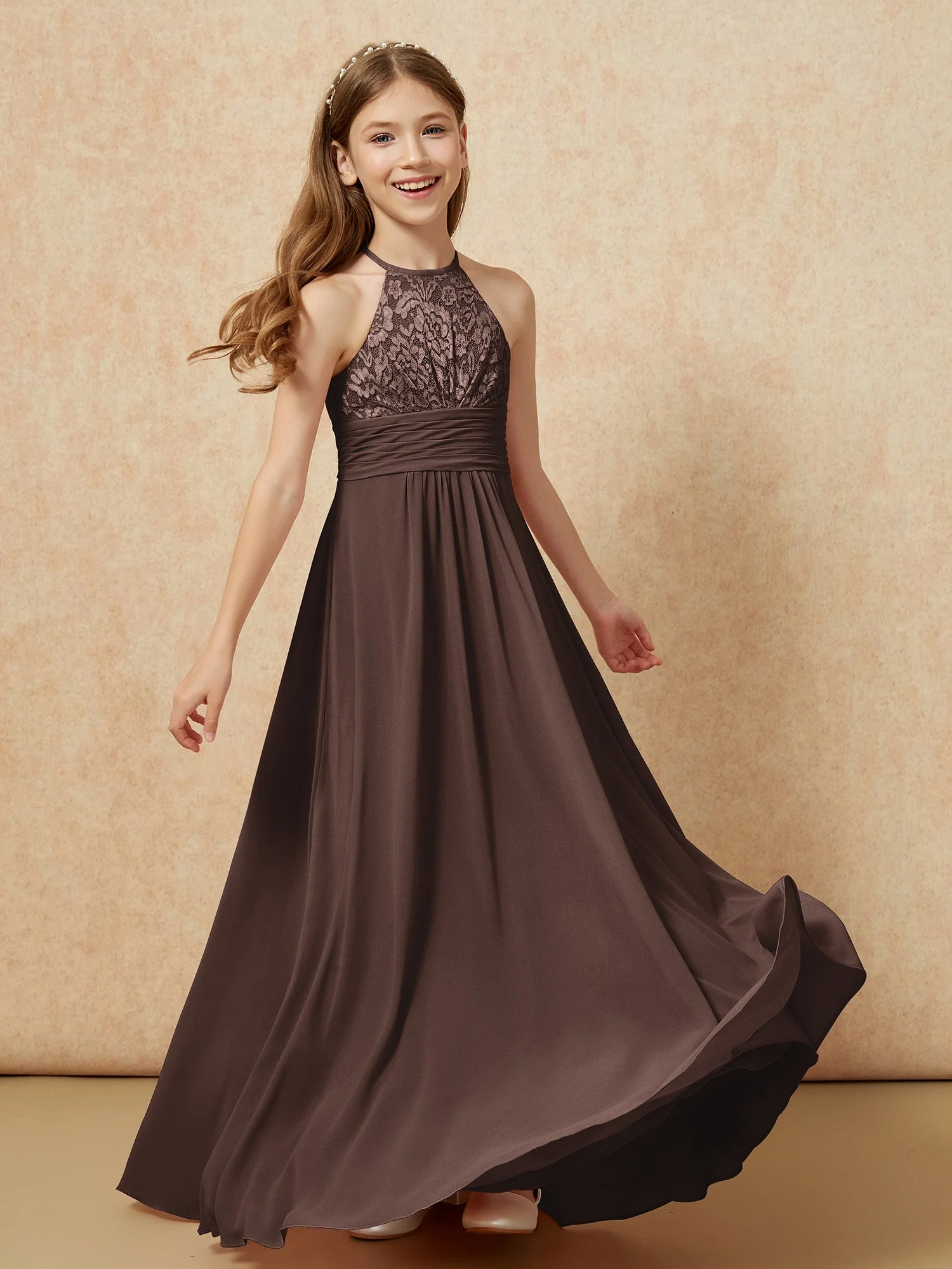 Halshalter Spitzen Oberteil Chiffon Junge Brautjungfernkleider Schokolade - Image 4