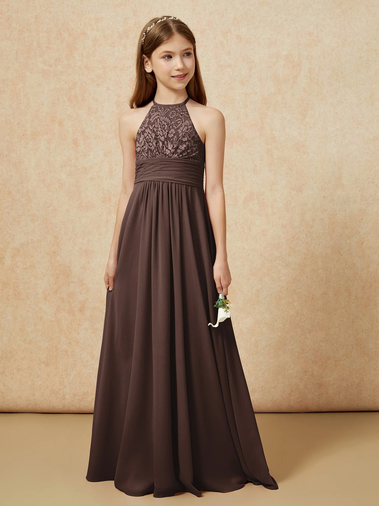 Halshalter Spitzen Oberteil Chiffon Junge Brautjungfernkleider Schokolade - Image 5