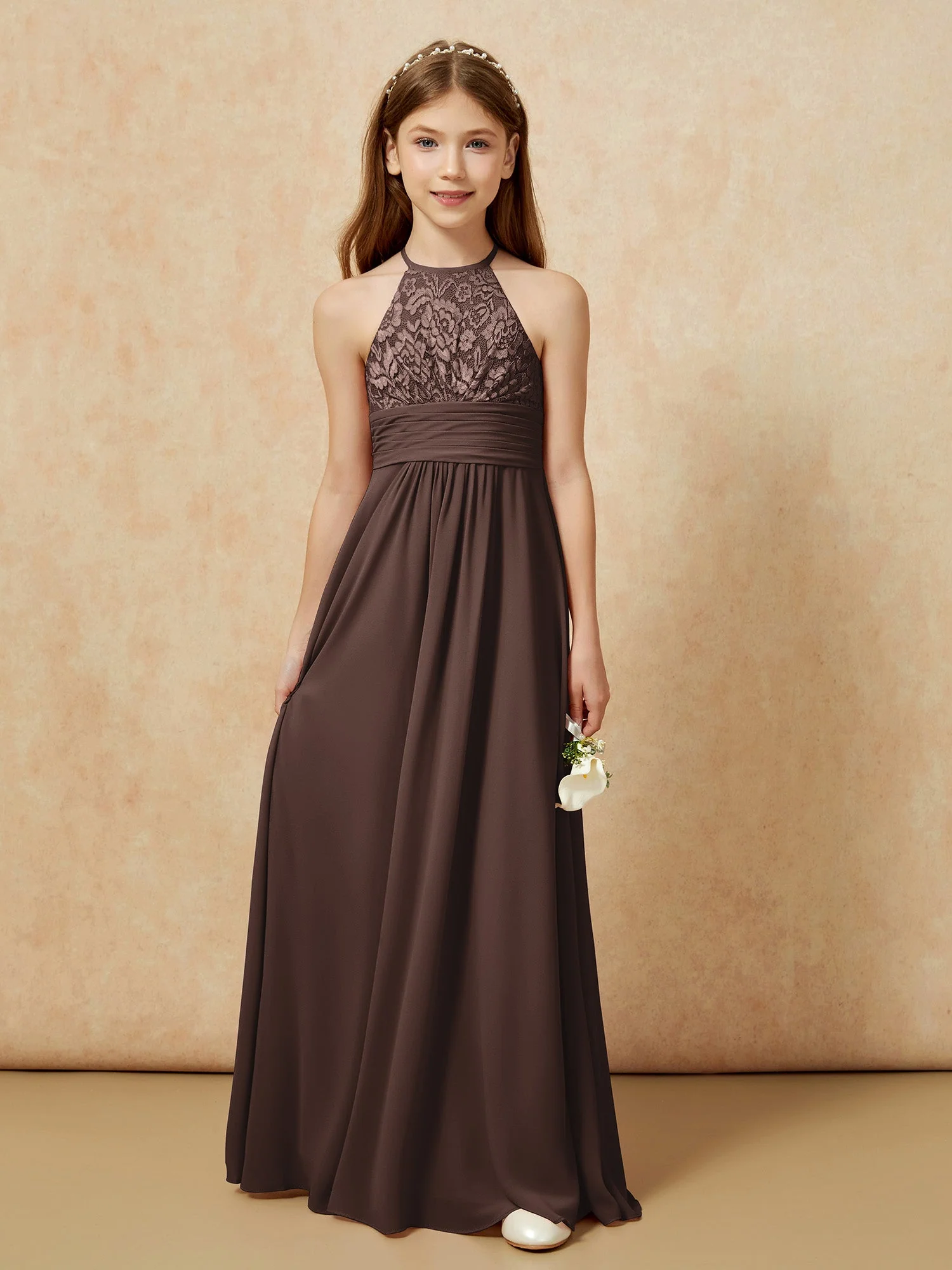 Halshalter Spitzen Oberteil Chiffon Junge Brautjungfernkleider Schokolade - Image 7