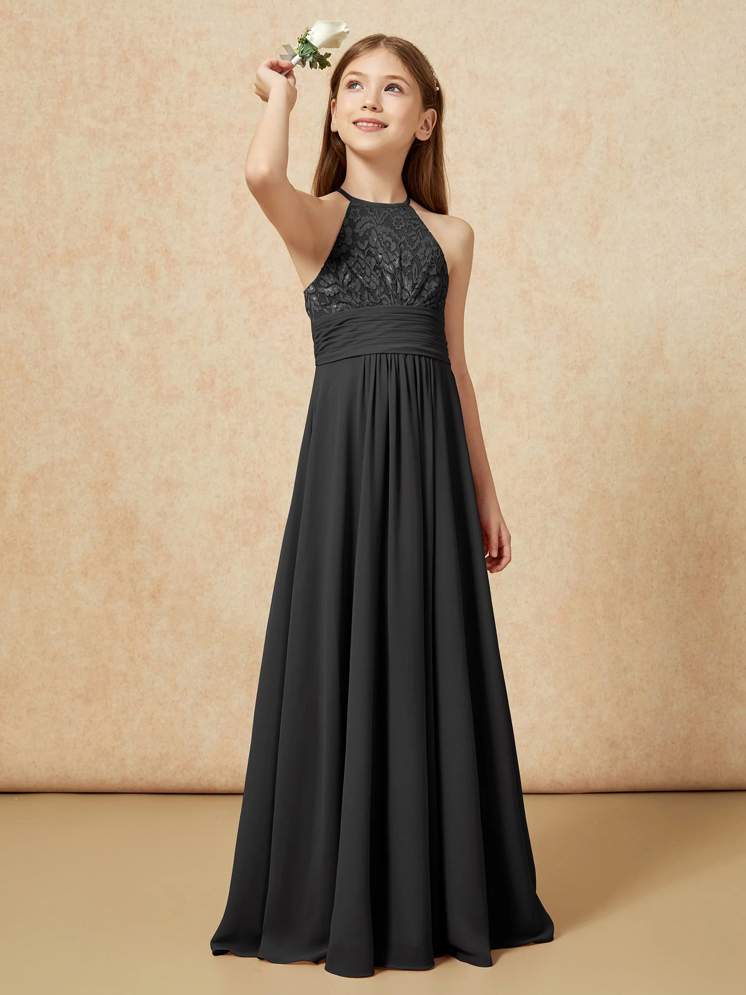 Halshalter Spitzen Oberteil Chiffon Junge Brautjungfernkleider Schwarz