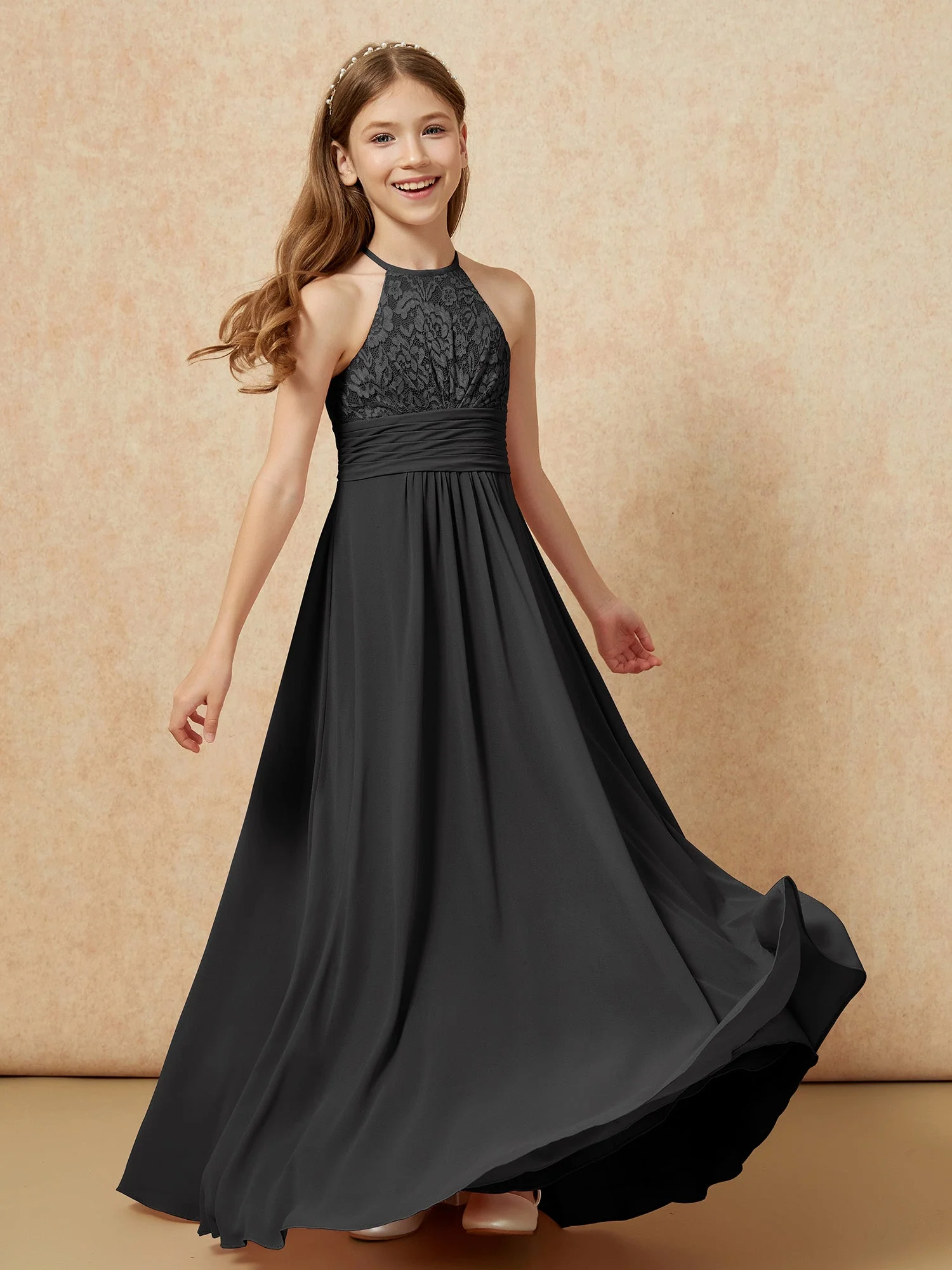 Halshalter Spitzen Oberteil Chiffon Junge Brautjungfernkleider Schwarz - Image 4