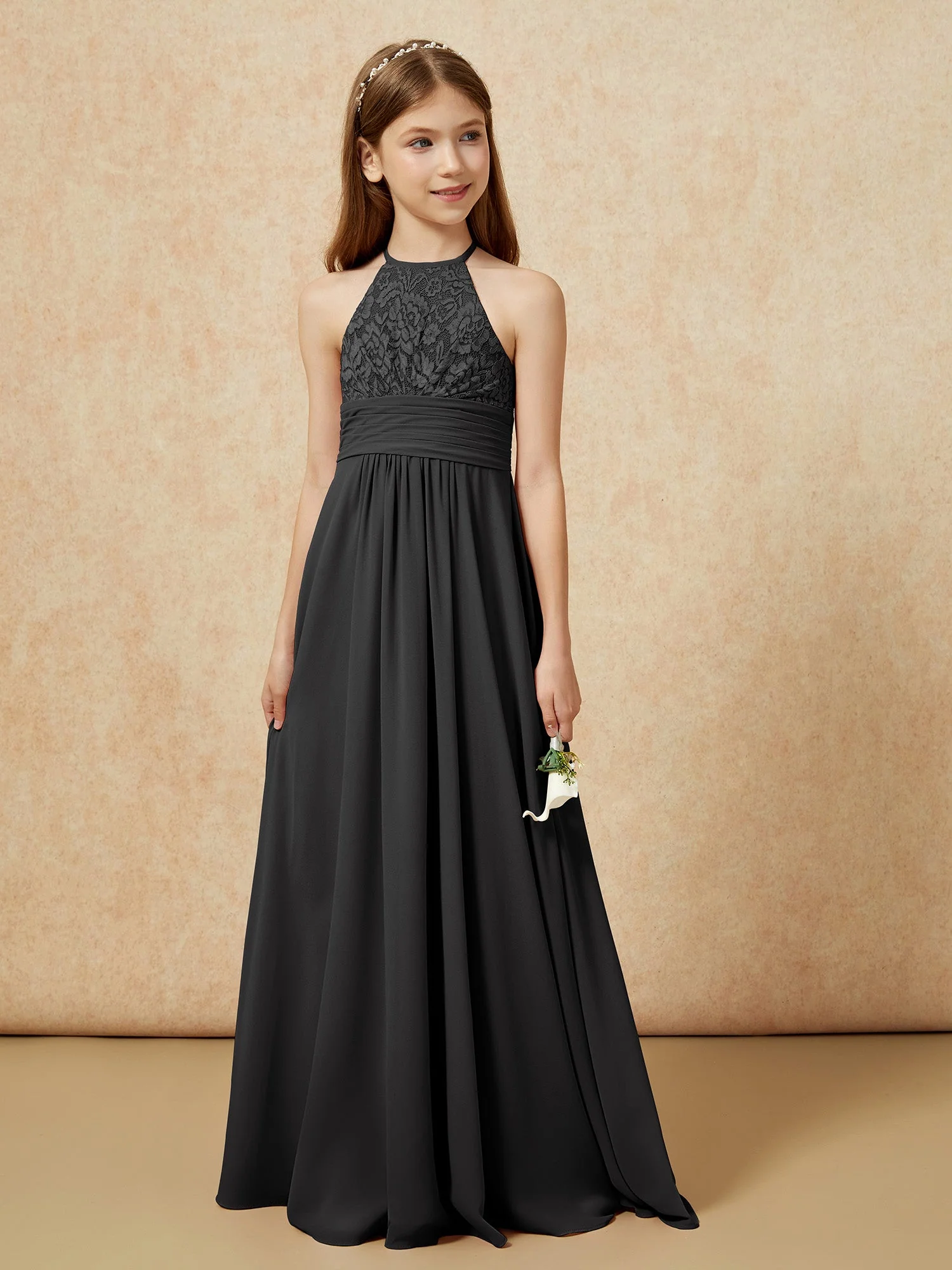 Halshalter Spitzen Oberteil Chiffon Junge Brautjungfernkleider Schwarz - Image 5