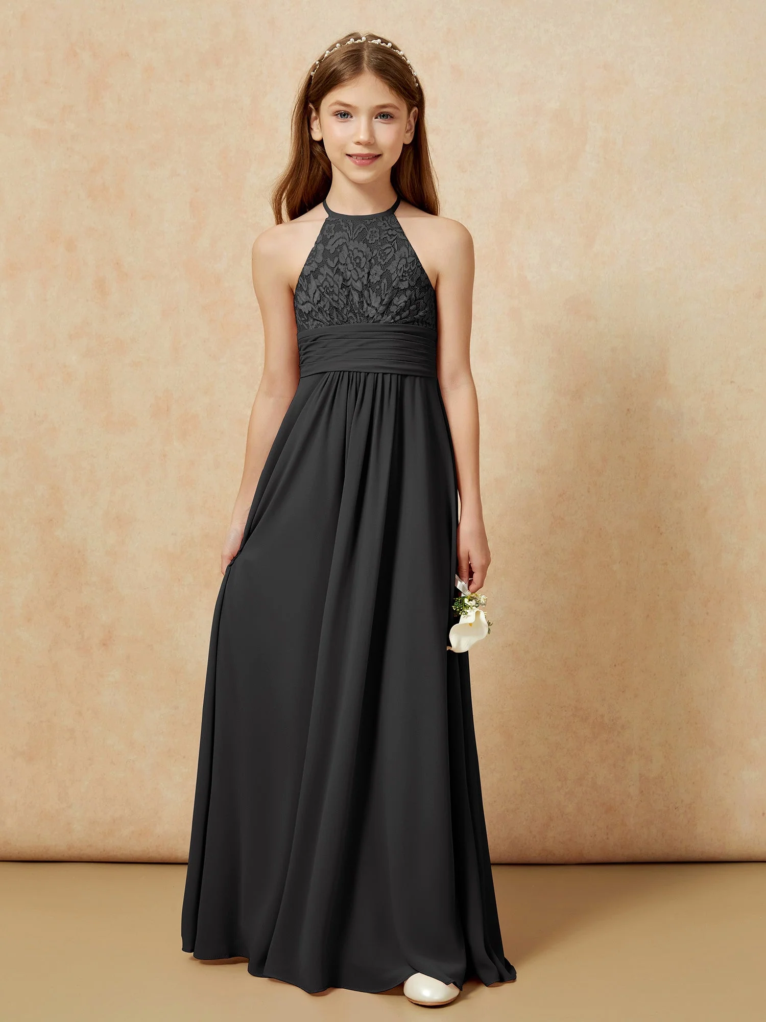 Halshalter Spitzen Oberteil Chiffon Junge Brautjungfernkleider Schwarz - Image 7