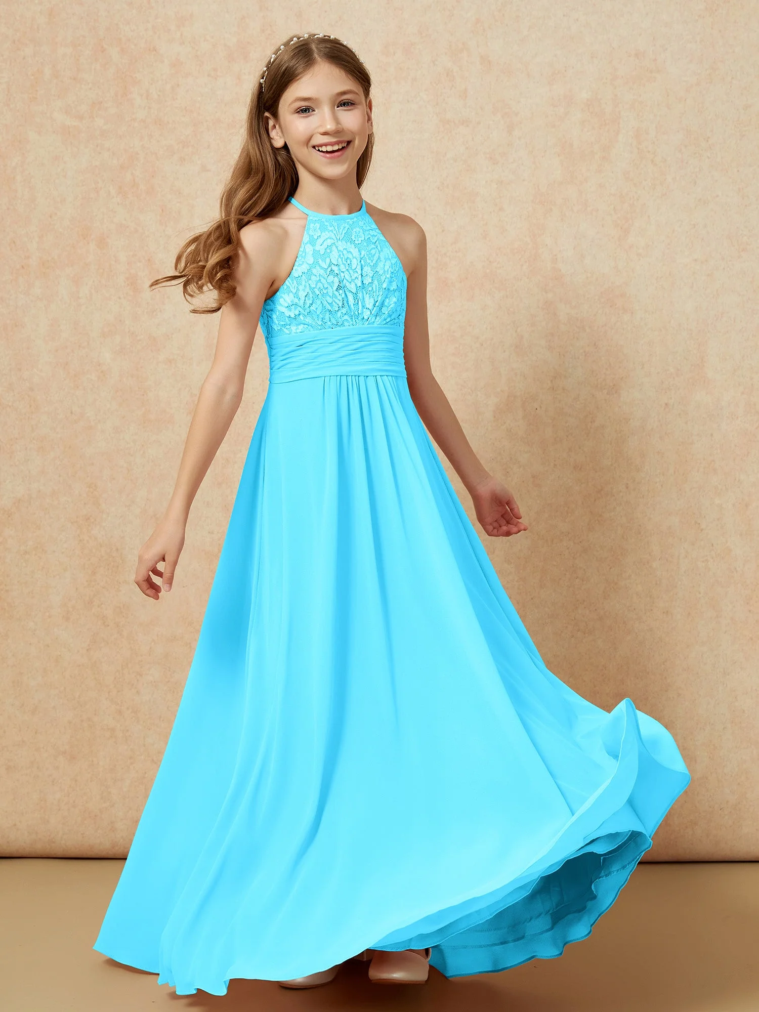 Halshalter Spitzen Oberteil Chiffon Junge Brautjungfernkleider Schwimmbadblau - Image 4