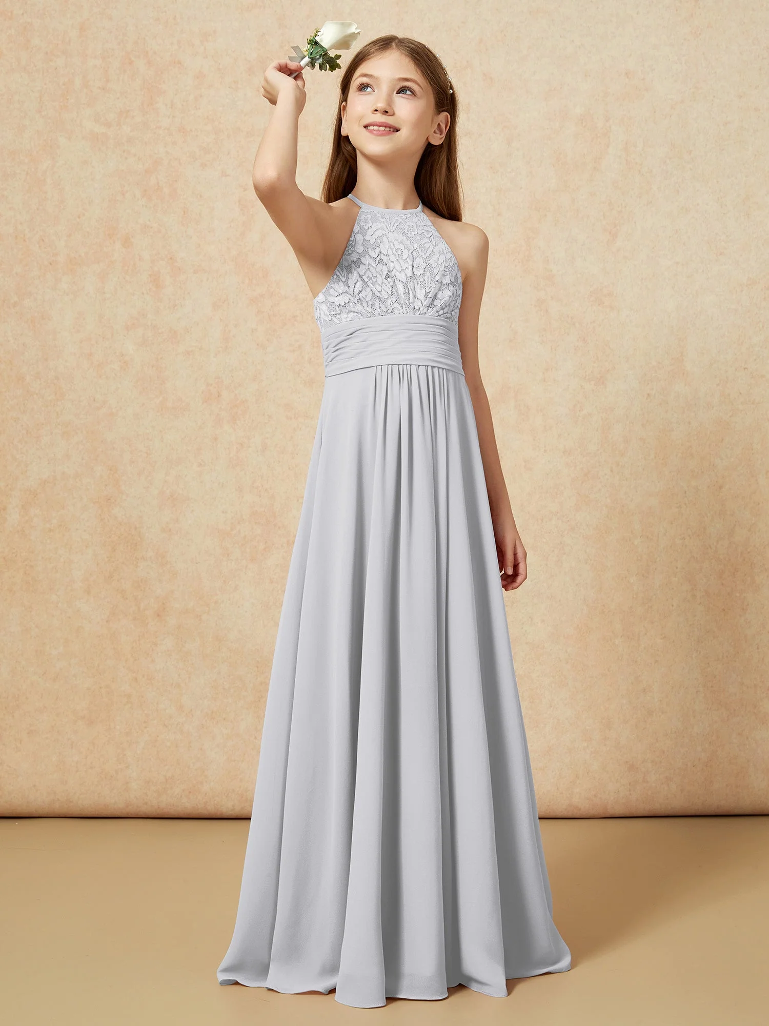 Halshalter Spitzen Oberteil Chiffon Junge Brautjungfernkleider Silber