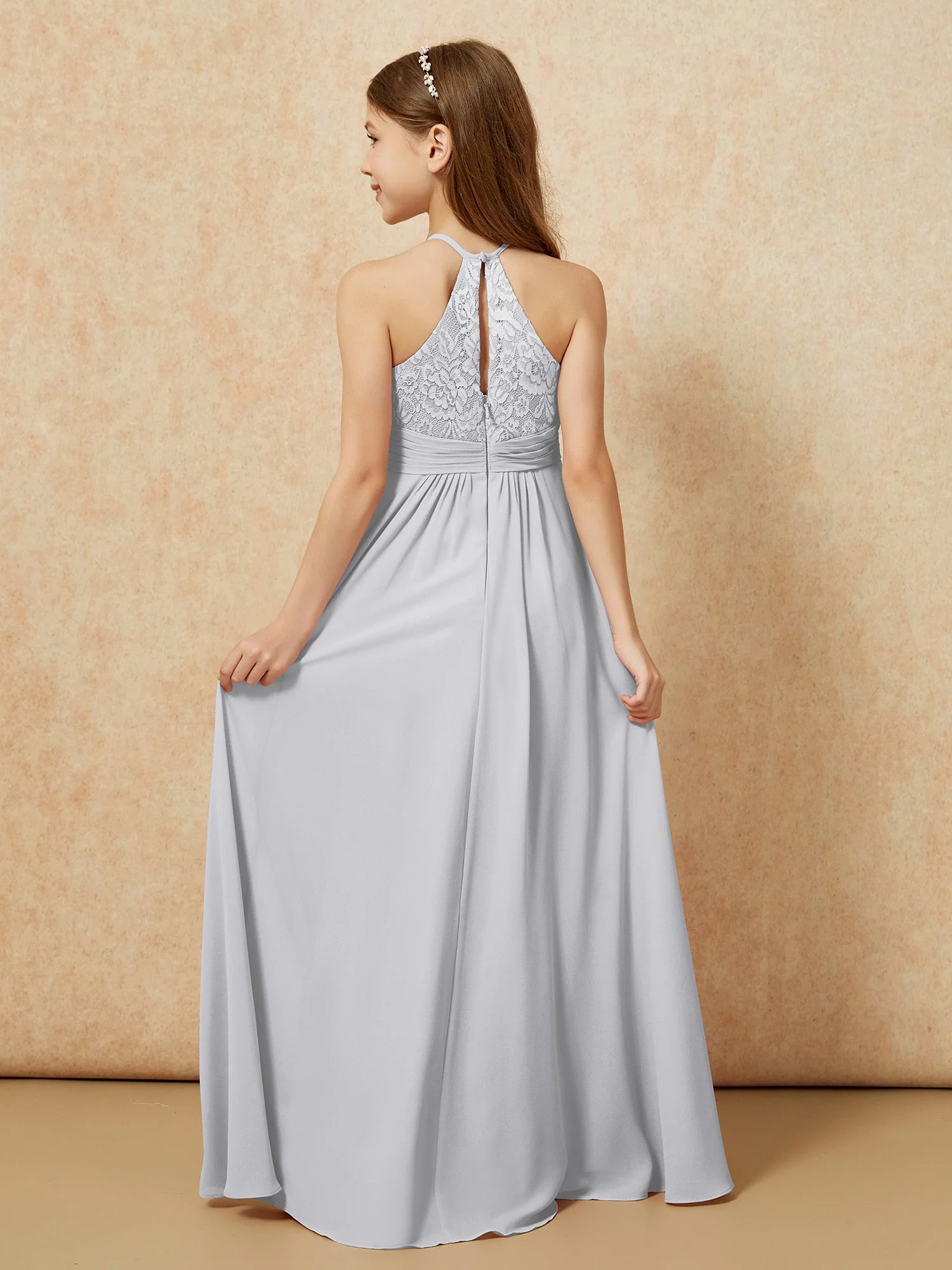 Halshalter Spitzen Oberteil Chiffon Junge Brautjungfernkleider Silber - Image 2