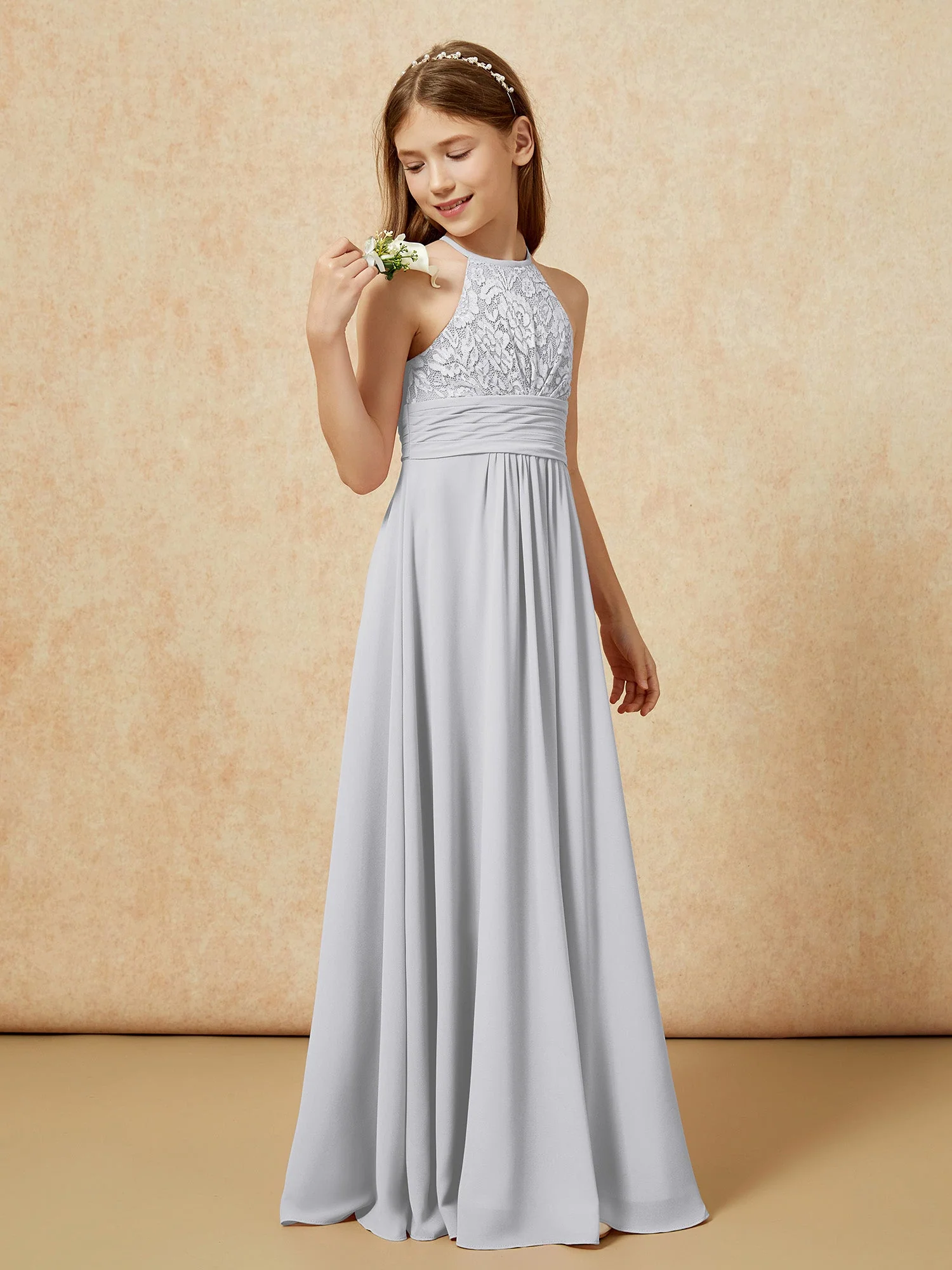 Halshalter Spitzen Oberteil Chiffon Junge Brautjungfernkleider Silber - Image 3