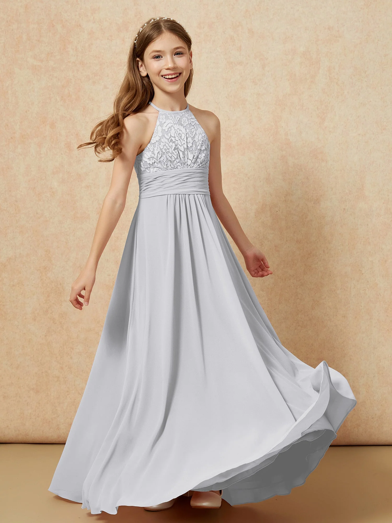 Halshalter Spitzen Oberteil Chiffon Junge Brautjungfernkleider Silber - Image 4
