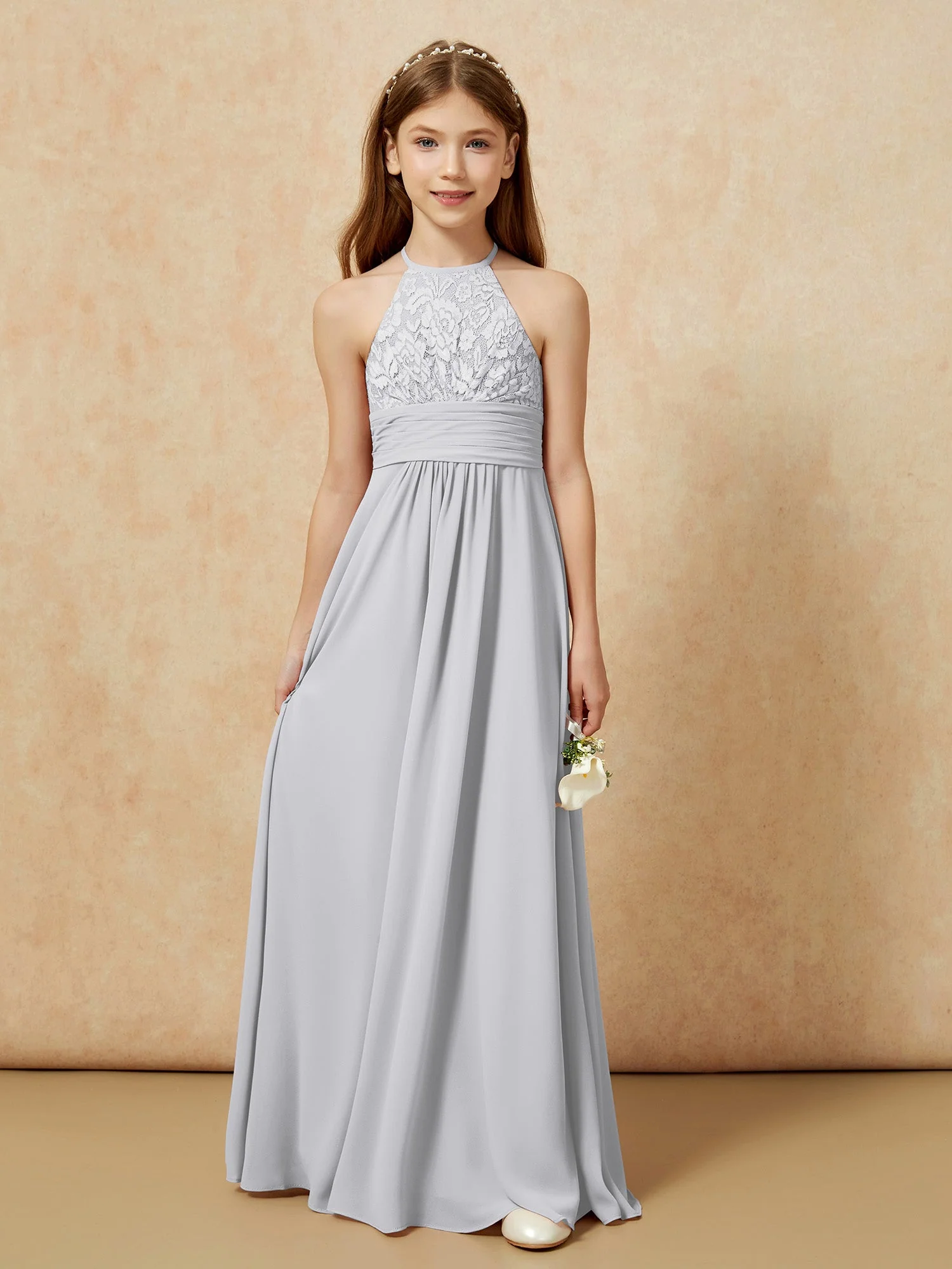 Halshalter Spitzen Oberteil Chiffon Junge Brautjungfernkleider Silber - Image 7