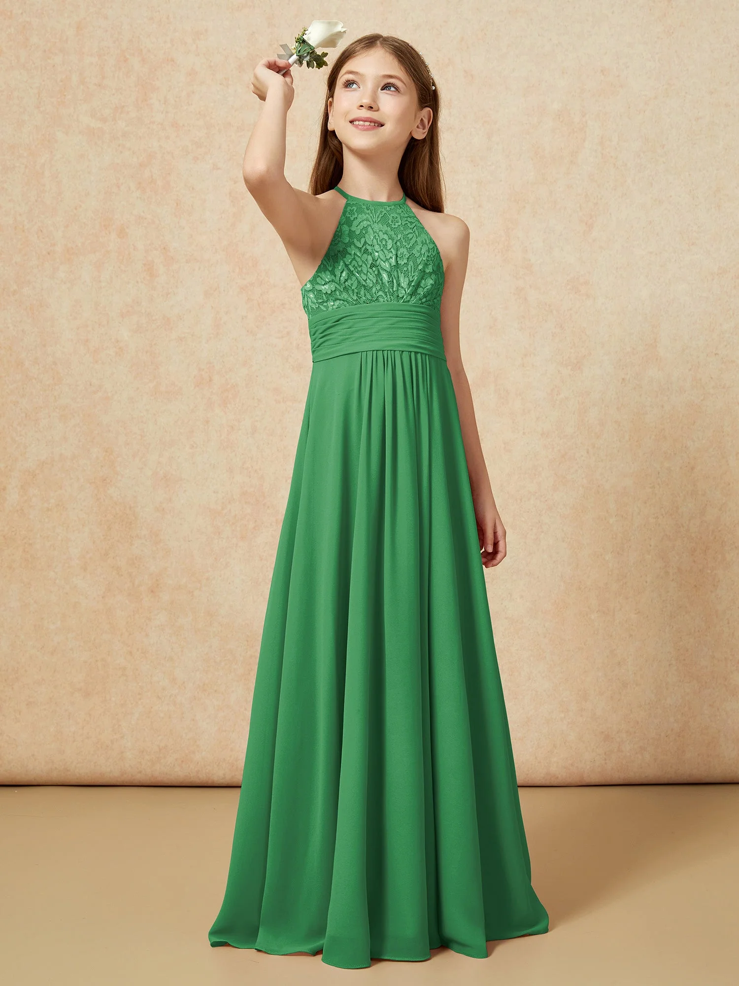 Halshalter Spitzen Oberteil Chiffon Junge Brautjungfernkleider Smaragd