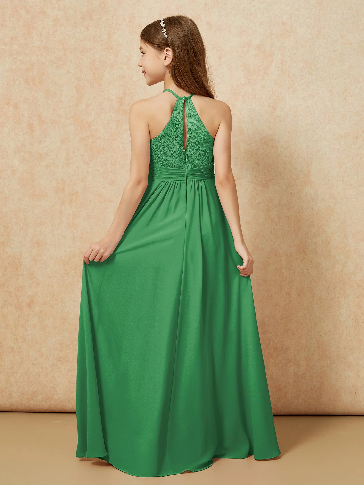 Halshalter Spitzen Oberteil Chiffon Junge Brautjungfernkleider Smaragd - Image 2