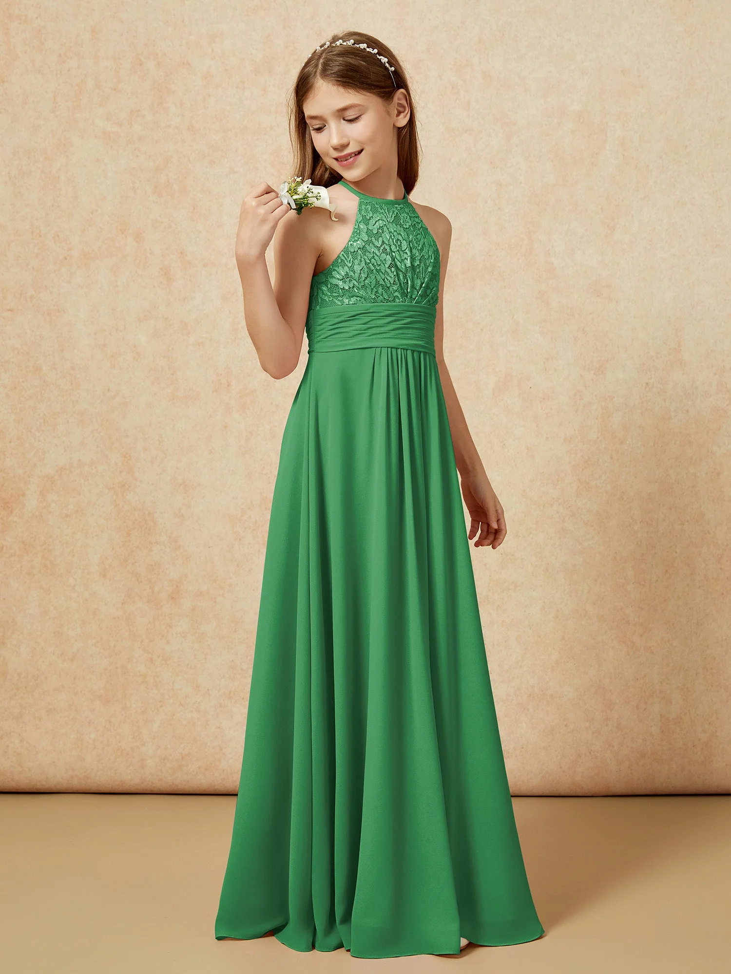 Halshalter Spitzen Oberteil Chiffon Junge Brautjungfernkleider Smaragd - Image 3