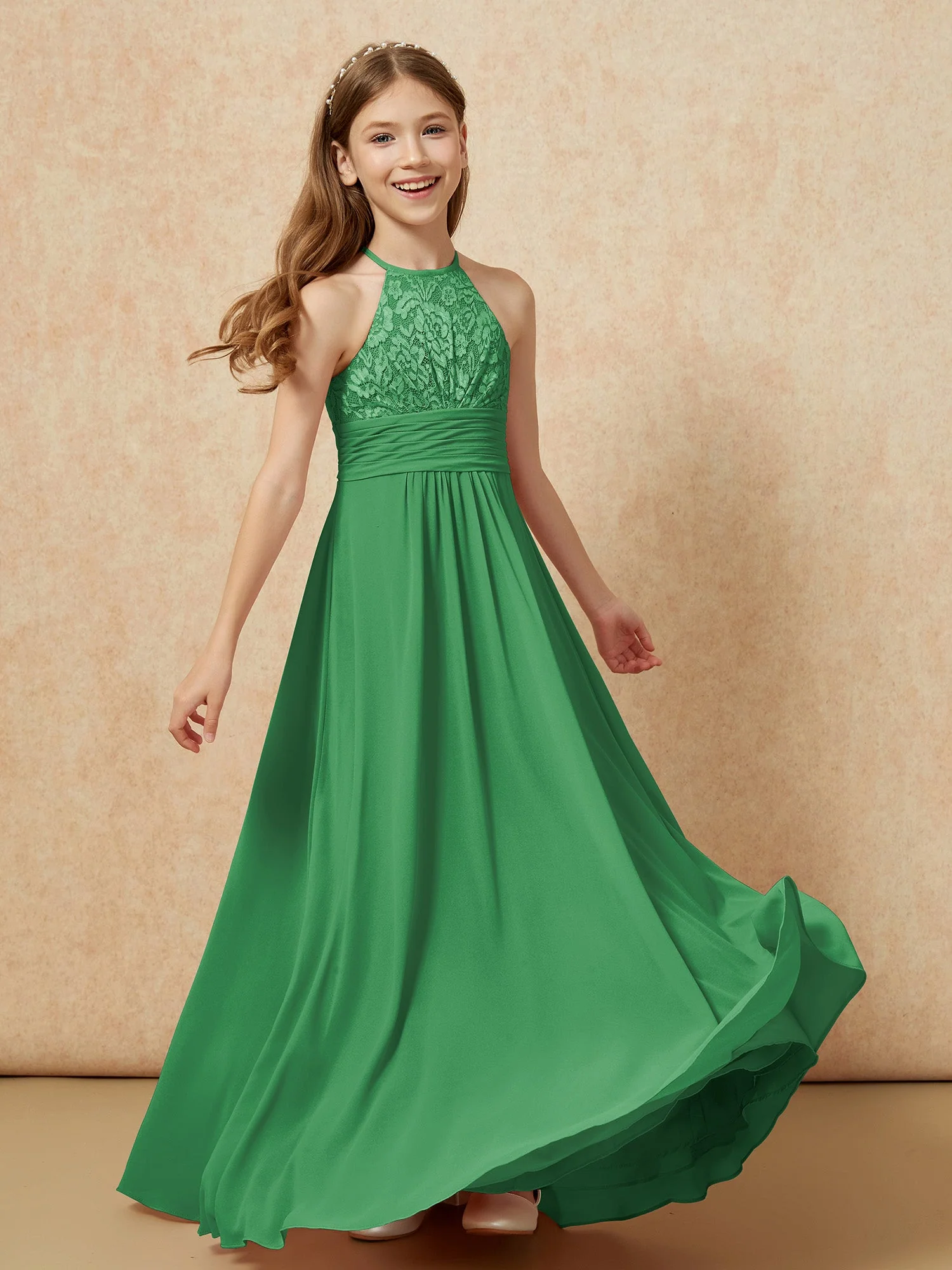 Halshalter Spitzen Oberteil Chiffon Junge Brautjungfernkleider Smaragd - Image 4