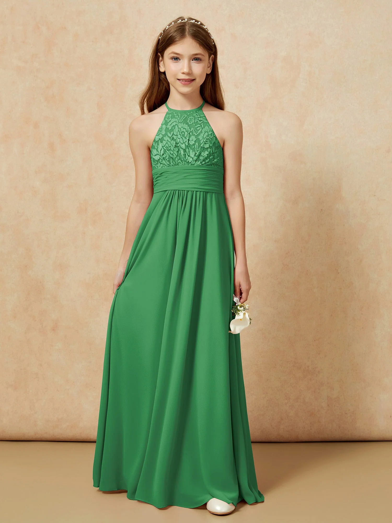 Halshalter Spitzen Oberteil Chiffon Junge Brautjungfernkleider Smaragd - Image 7