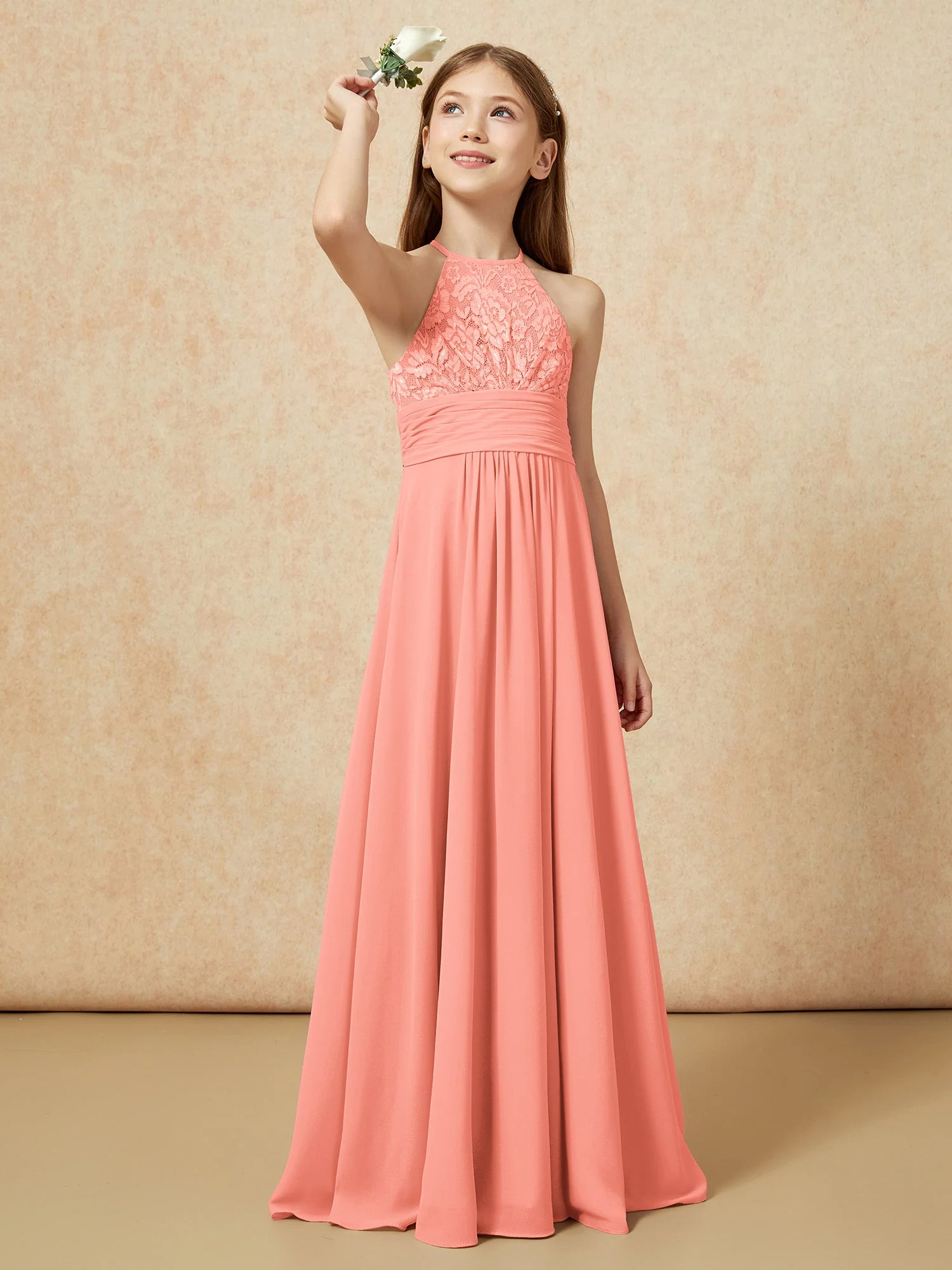 Halshalter Spitzen Oberteil Chiffon Junge Brautjungfernkleider Sonnenuntergang