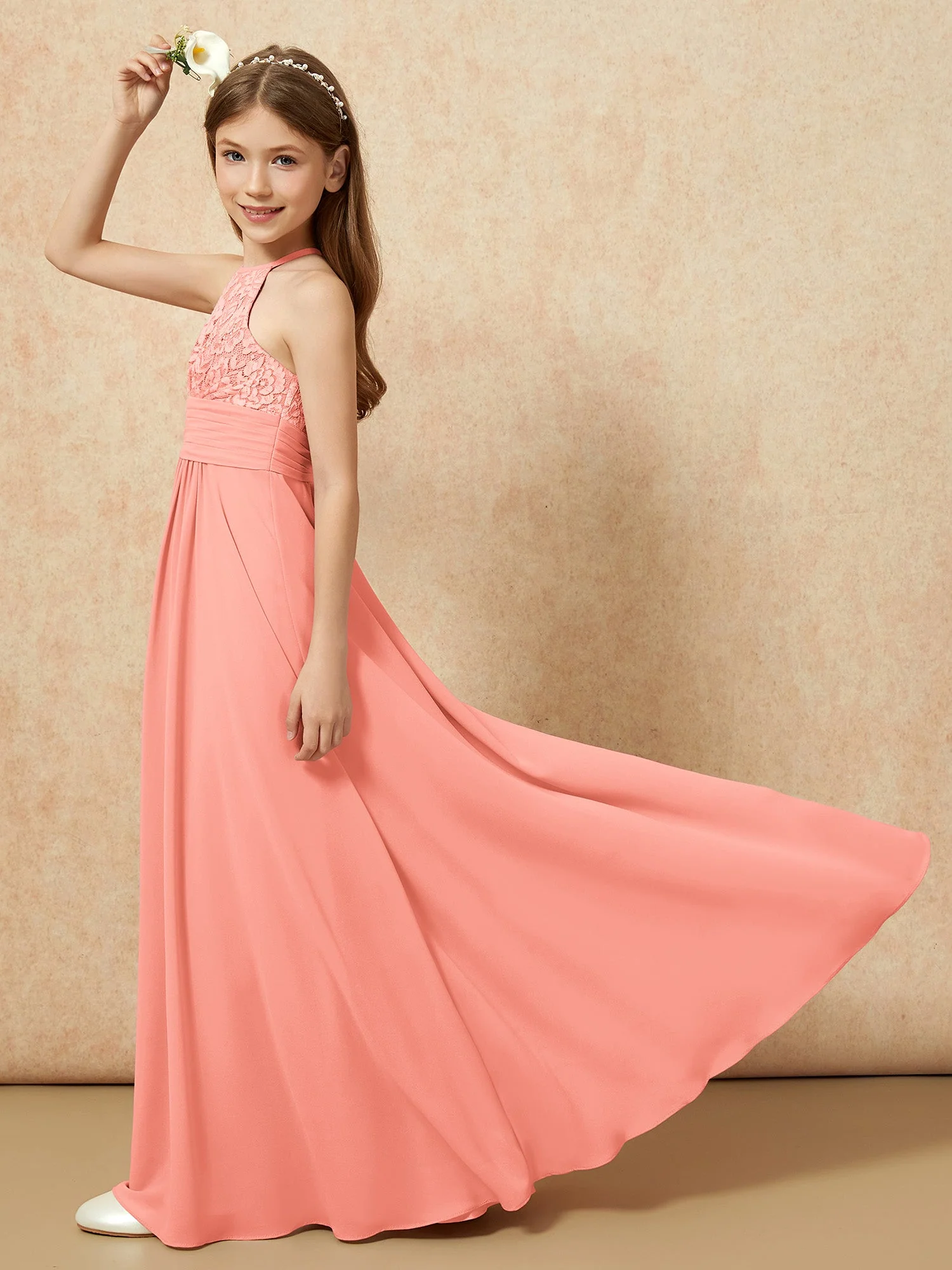 Halshalter Spitzen Oberteil Chiffon Junge Brautjungfernkleider Sonnenuntergang - Image 6