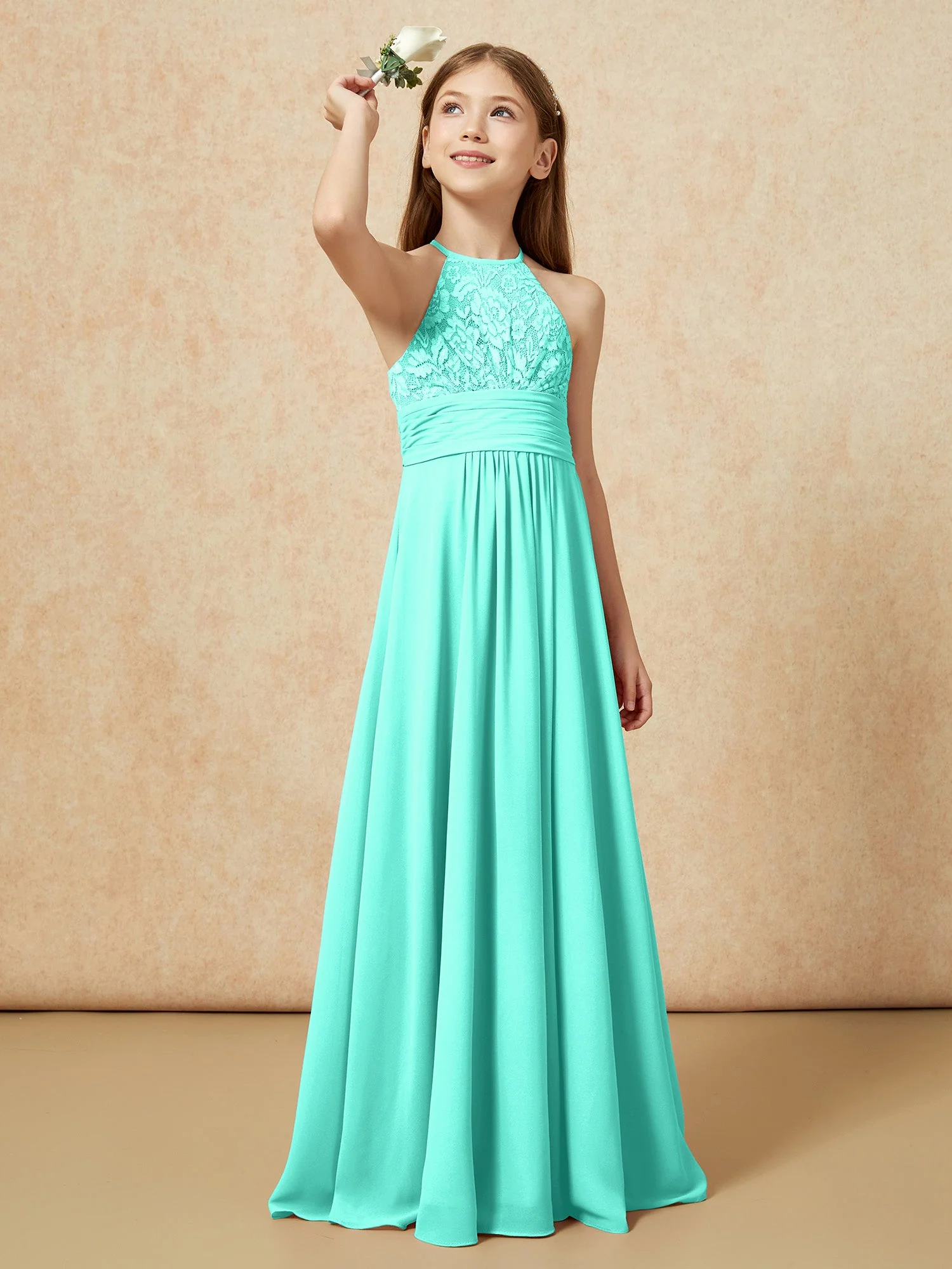 Halshalter Spitzen Oberteil Chiffon Junge Brautjungfernkleider Spa