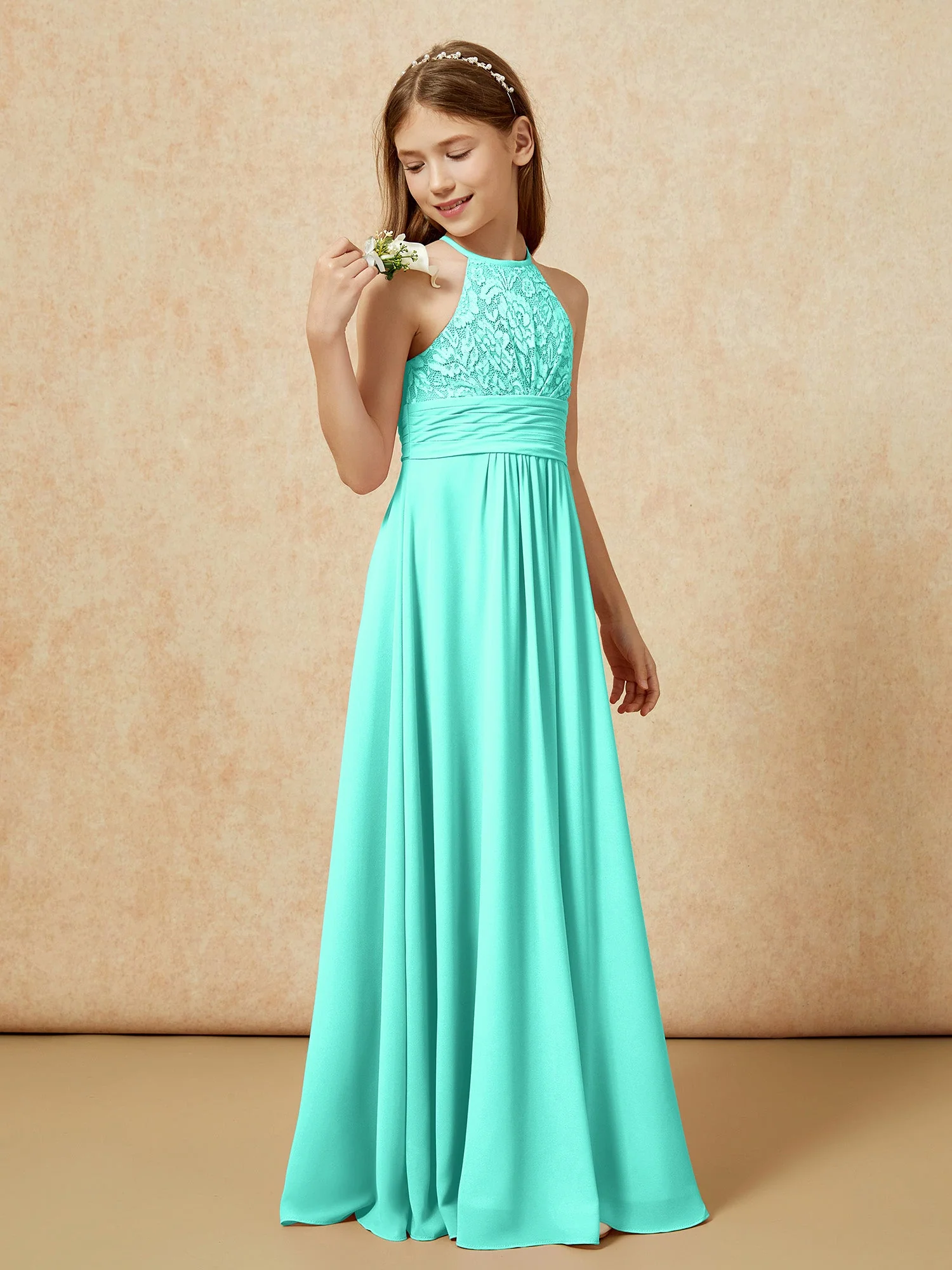Halshalter Spitzen Oberteil Chiffon Junge Brautjungfernkleider Spa - Image 3