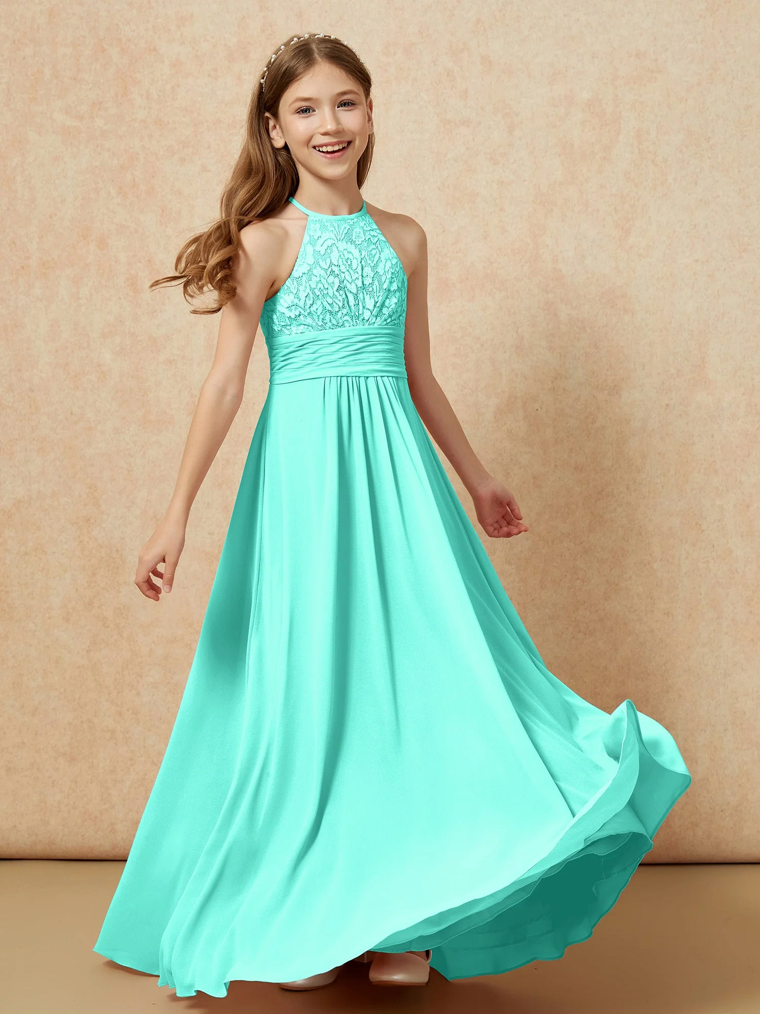Halshalter Spitzen Oberteil Chiffon Junge Brautjungfernkleider Spa - Image 4