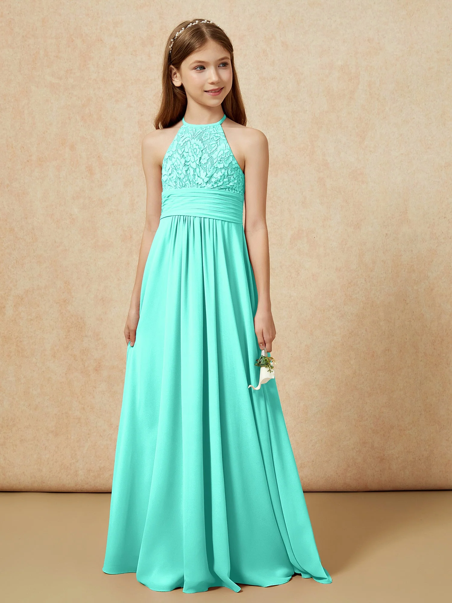 Halshalter Spitzen Oberteil Chiffon Junge Brautjungfernkleider Spa - Image 5