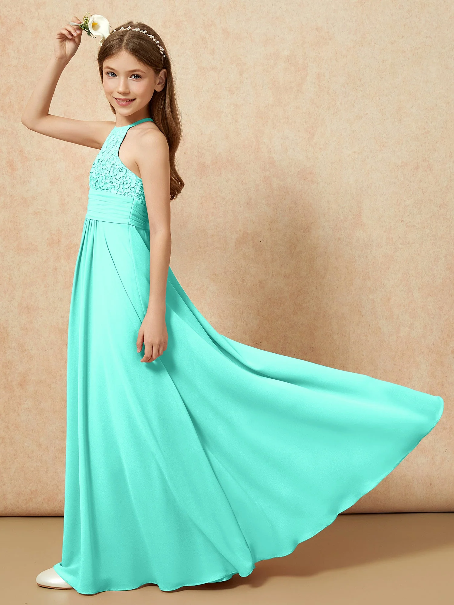 Halshalter Spitzen Oberteil Chiffon Junge Brautjungfernkleider Spa - Image 6
