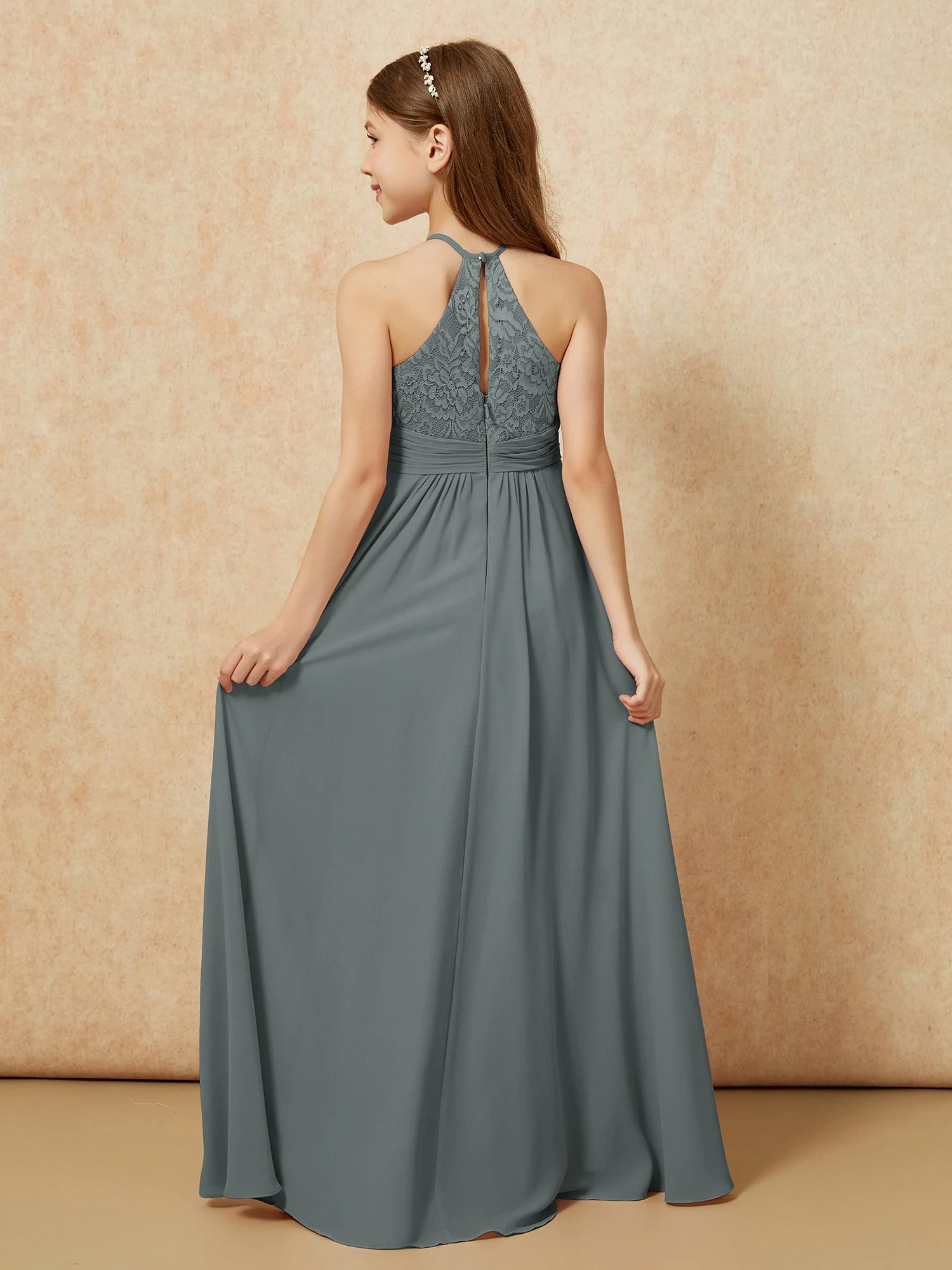 Halshalter Spitzen Oberteil Chiffon Junge Brautjungfernkleider Stahlgrau - Image 2
