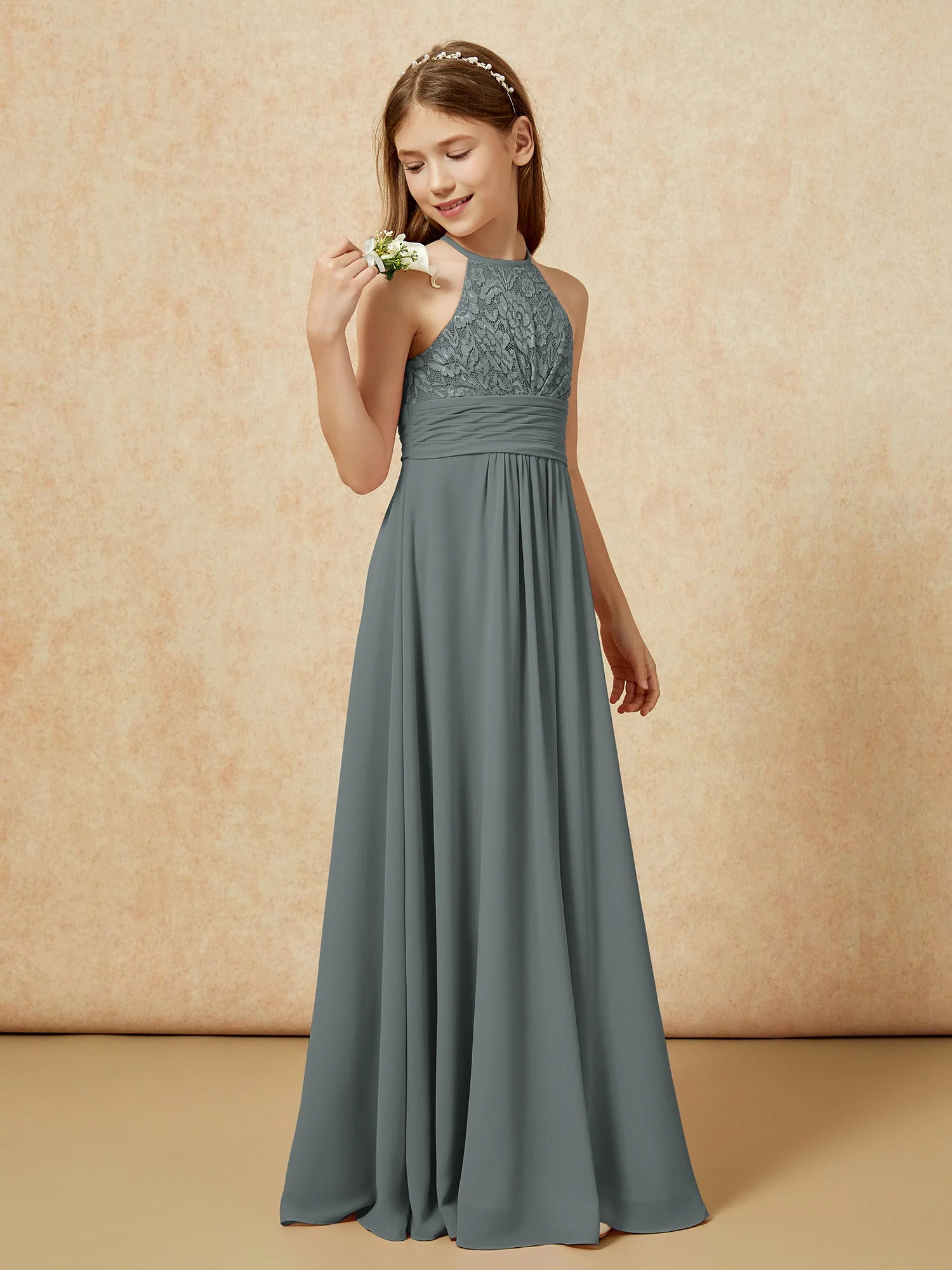 Halshalter Spitzen Oberteil Chiffon Junge Brautjungfernkleider Stahlgrau - Image 3