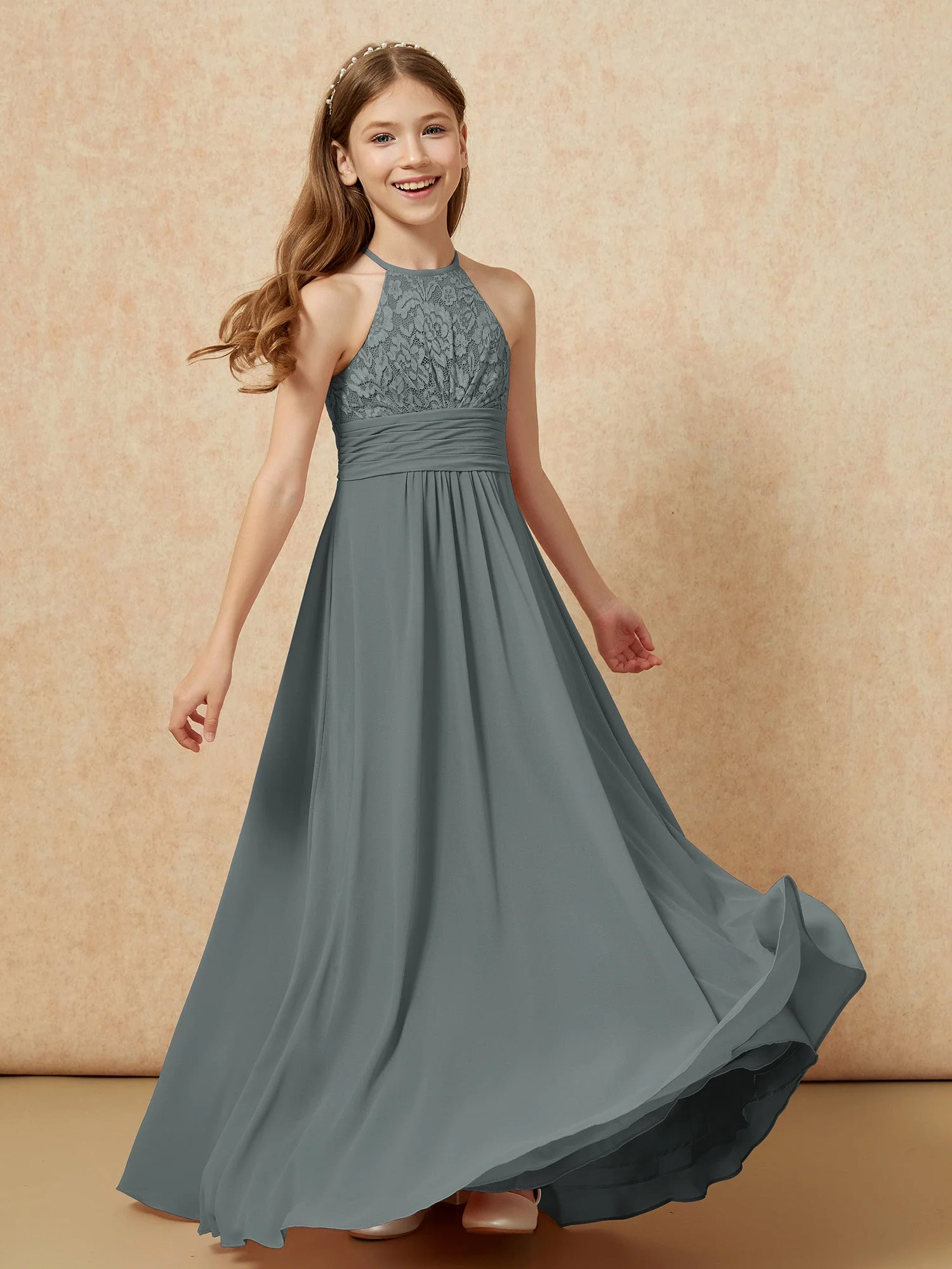 Halshalter Spitzen Oberteil Chiffon Junge Brautjungfernkleider Stahlgrau - Image 4
