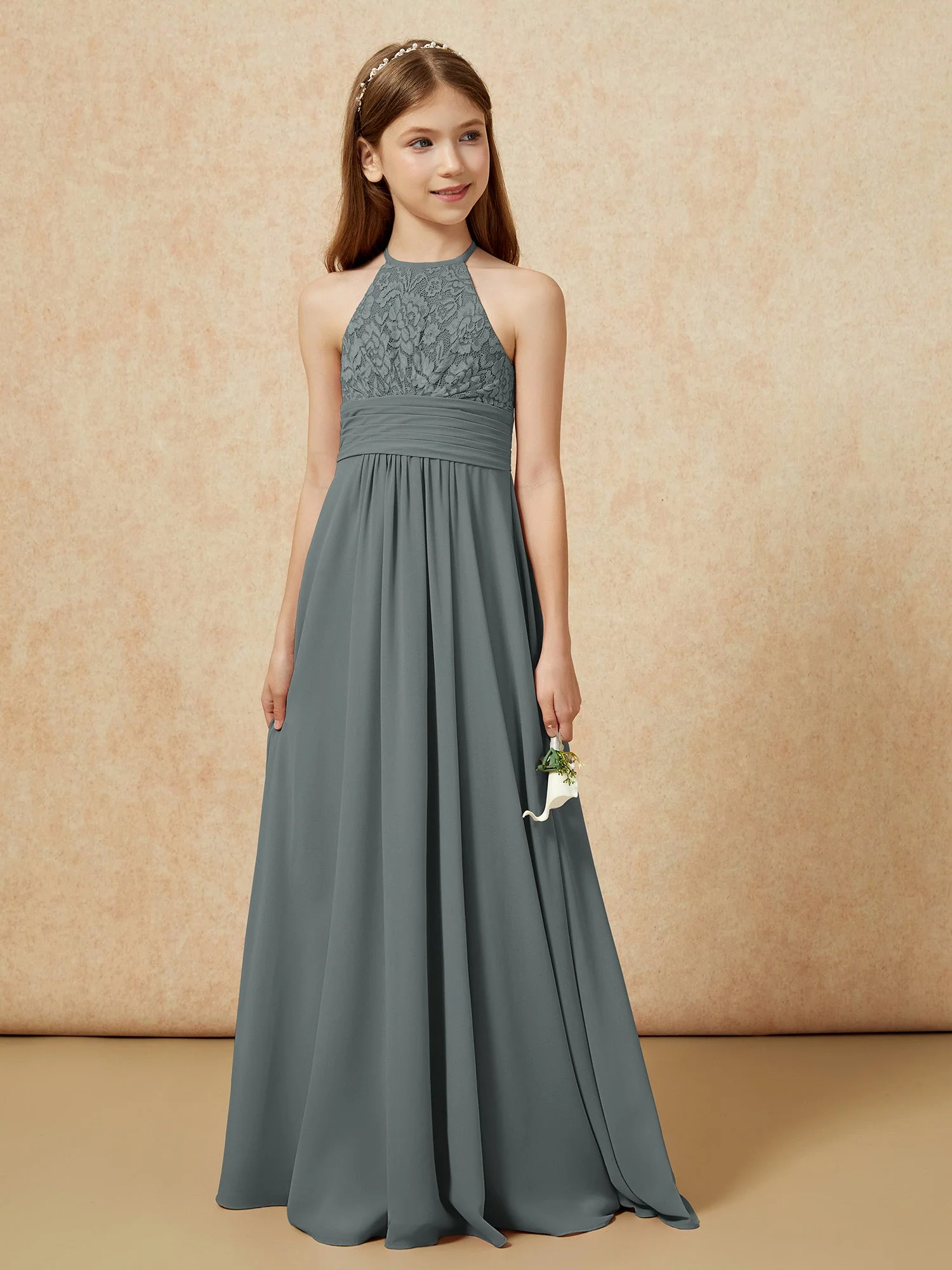 Halshalter Spitzen Oberteil Chiffon Junge Brautjungfernkleider Stahlgrau - Image 5