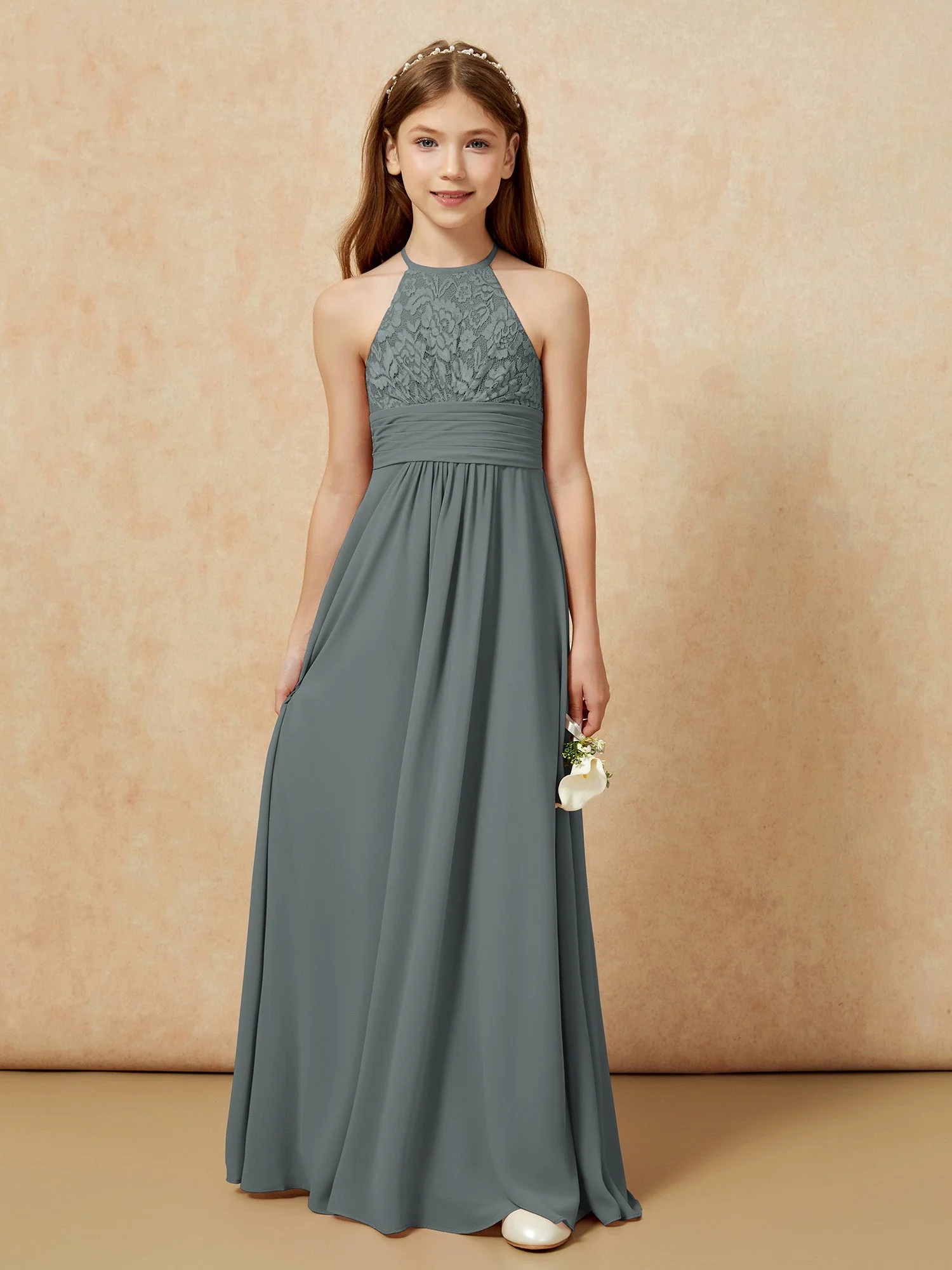Halshalter Spitzen Oberteil Chiffon Junge Brautjungfernkleider Stahlgrau - Image 7