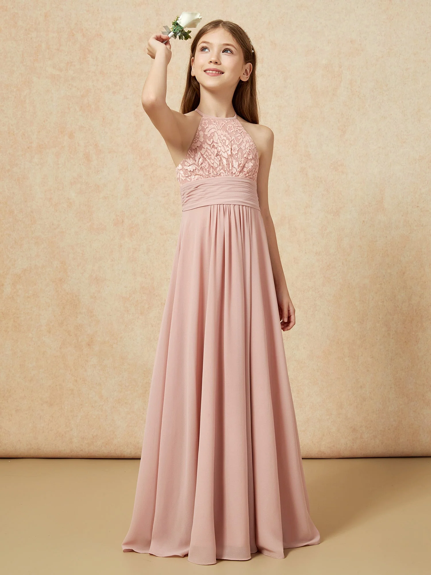 Halshalter Spitzen Oberteil Chiffon Junge Brautjungfernkleider Staubige Rosa