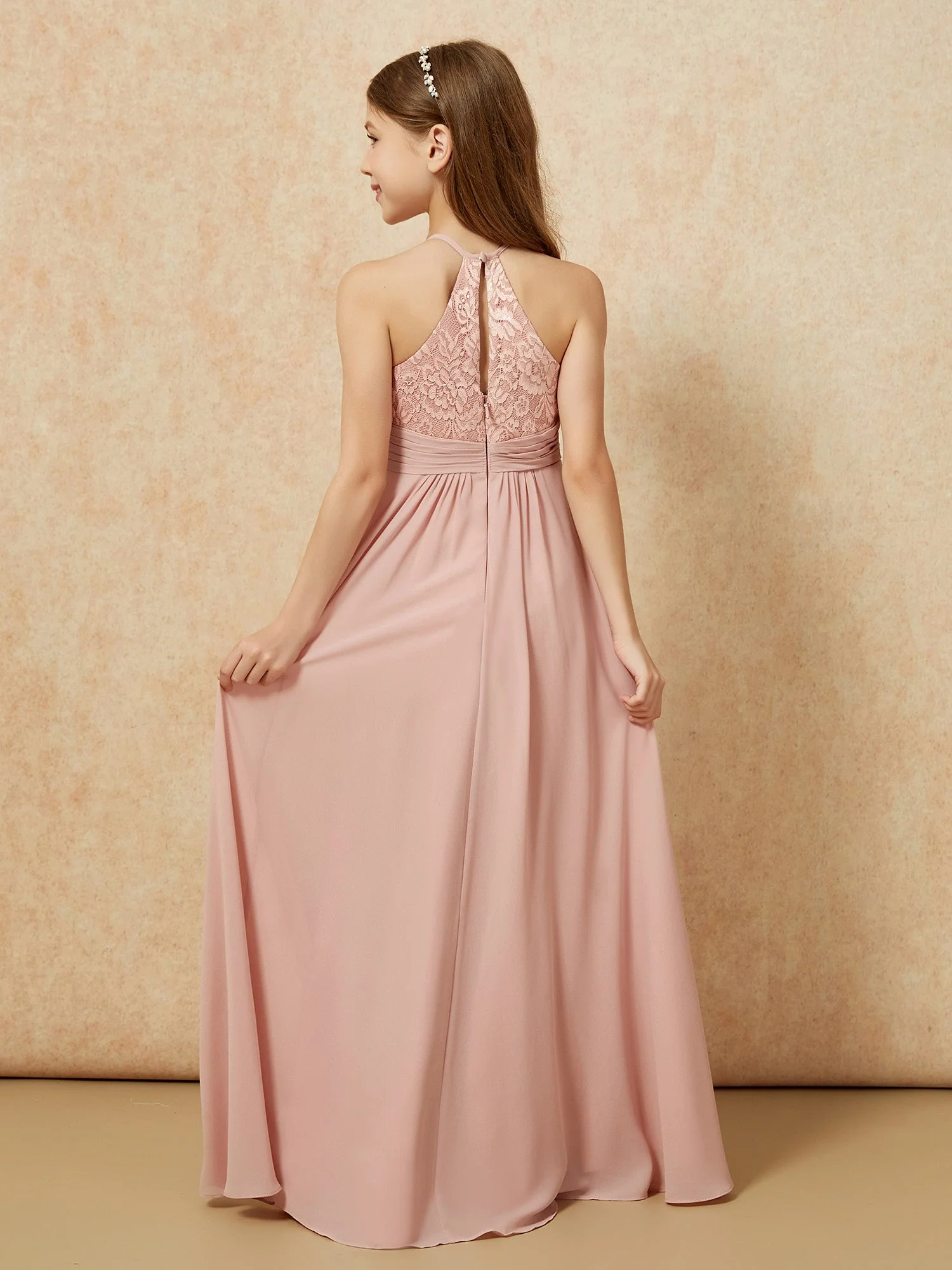 Halshalter Spitzen Oberteil Chiffon Junge Brautjungfernkleider Staubige Rosa - Image 2