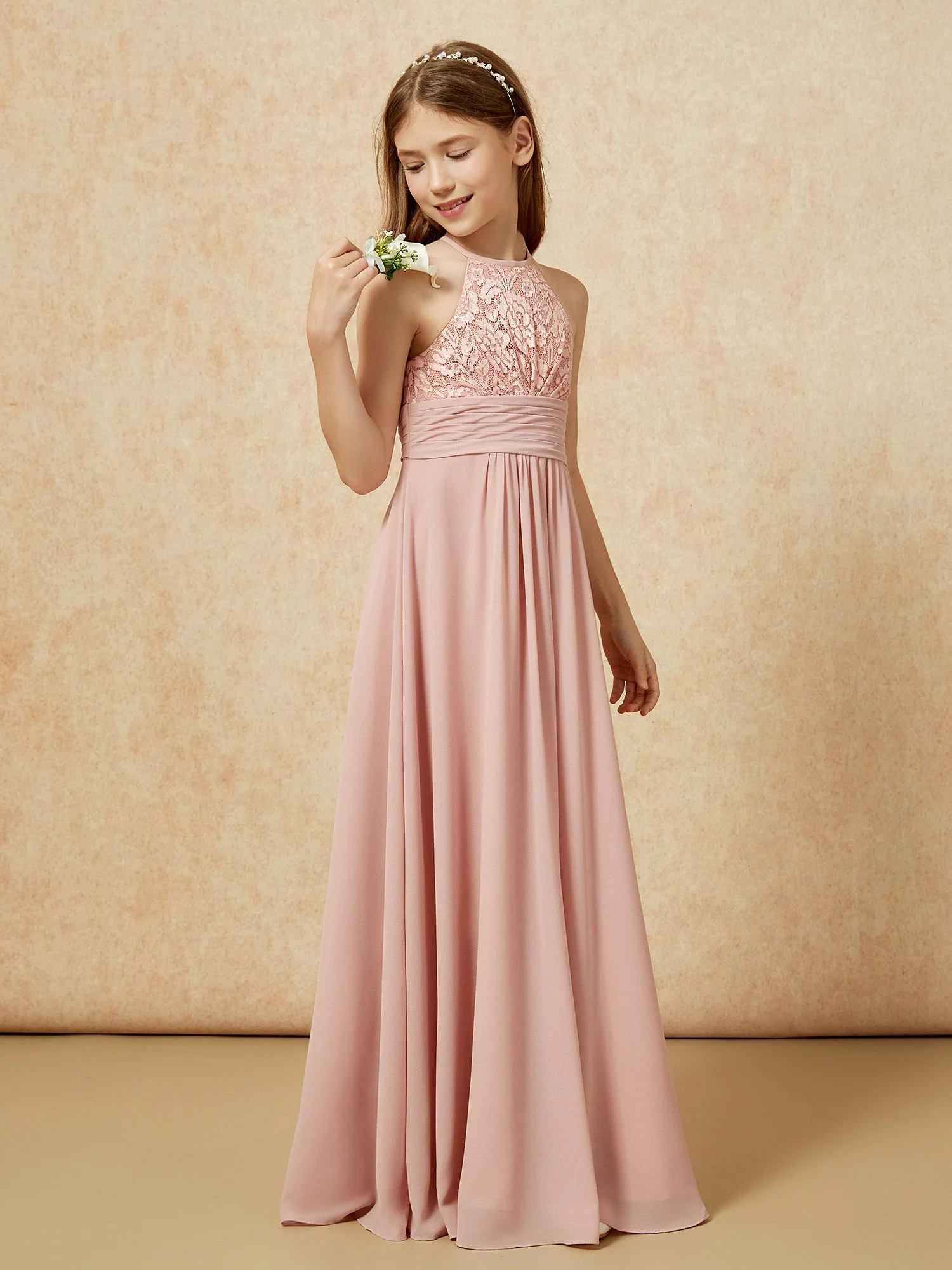 Halshalter Spitzen Oberteil Chiffon Junge Brautjungfernkleider Staubige Rosa - Image 3