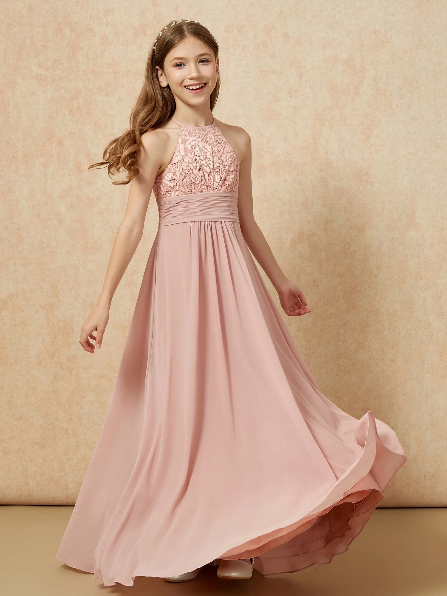 Halshalter Spitzen Oberteil Chiffon Junge Brautjungfernkleider Staubige Rosa - Image 4