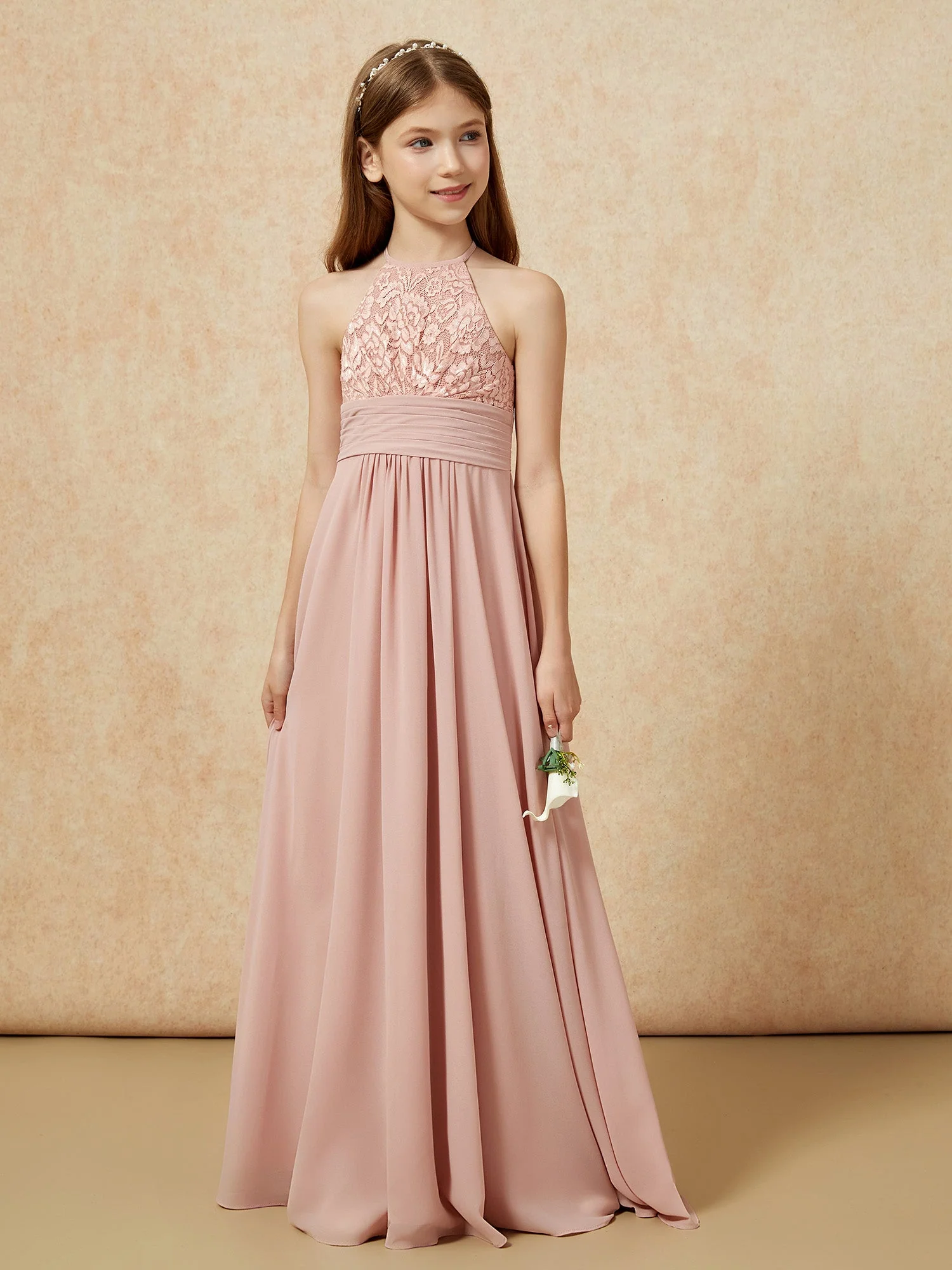 Halshalter Spitzen Oberteil Chiffon Junge Brautjungfernkleider Staubige Rosa - Image 5