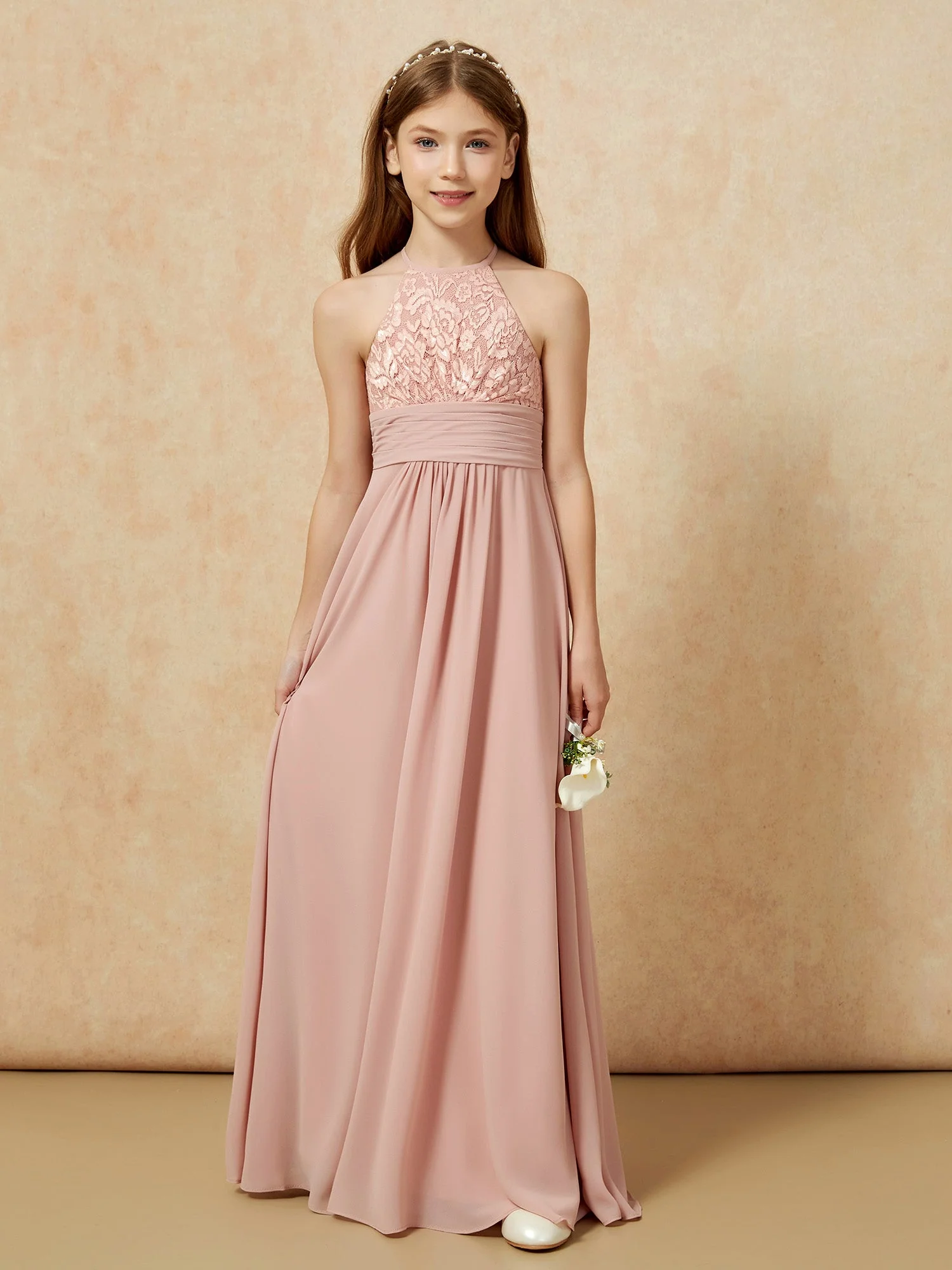 Halshalter Spitzen Oberteil Chiffon Junge Brautjungfernkleider Staubige Rosa - Image 7