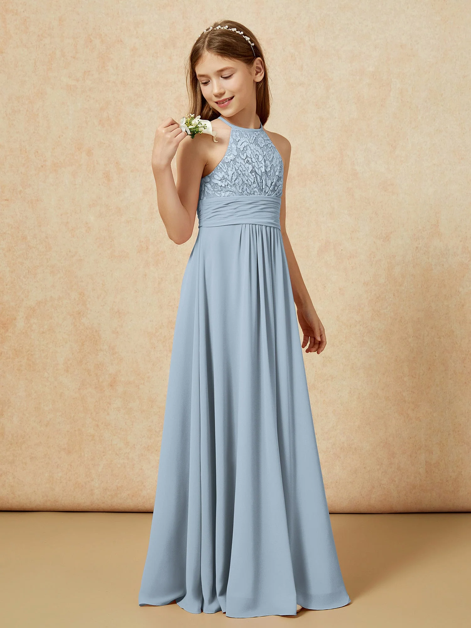 Halshalter Spitzen Oberteil Chiffon Junge Brautjungfernkleider Staubiges Blau - Image 3