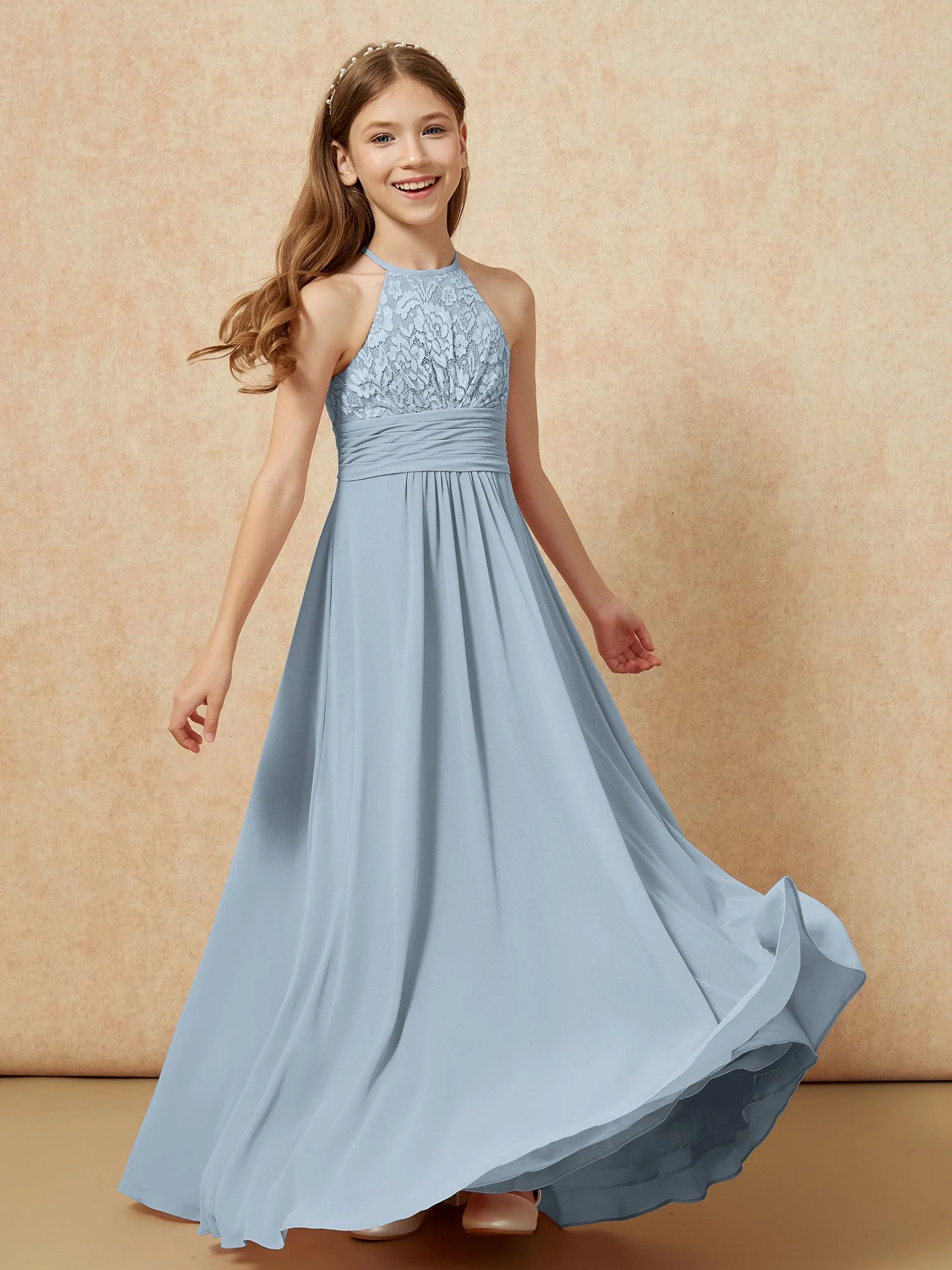 Halshalter Spitzen Oberteil Chiffon Junge Brautjungfernkleider Staubiges Blau - Image 4