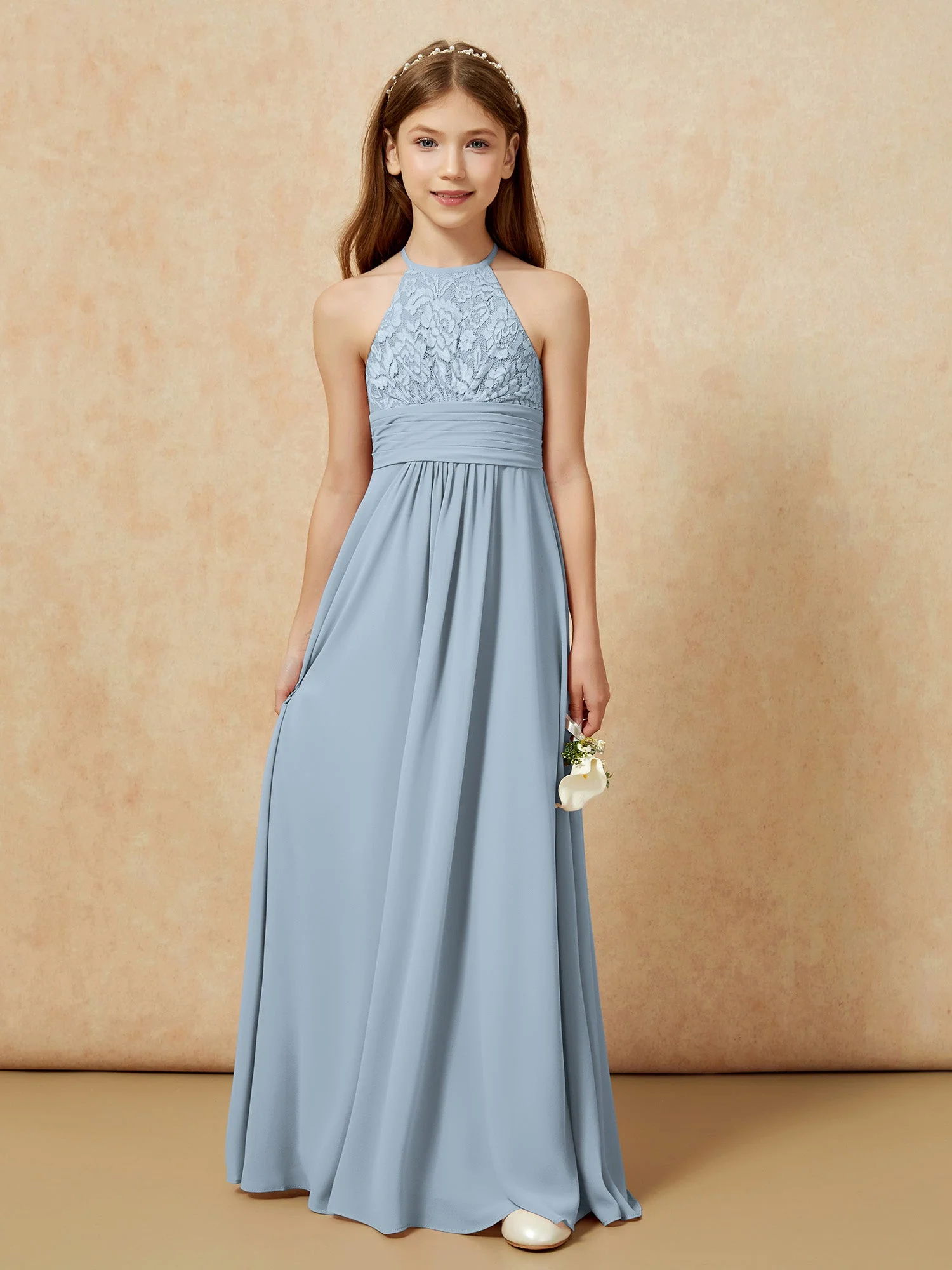 Halshalter Spitzen Oberteil Chiffon Junge Brautjungfernkleider Staubiges Blau - Image 7